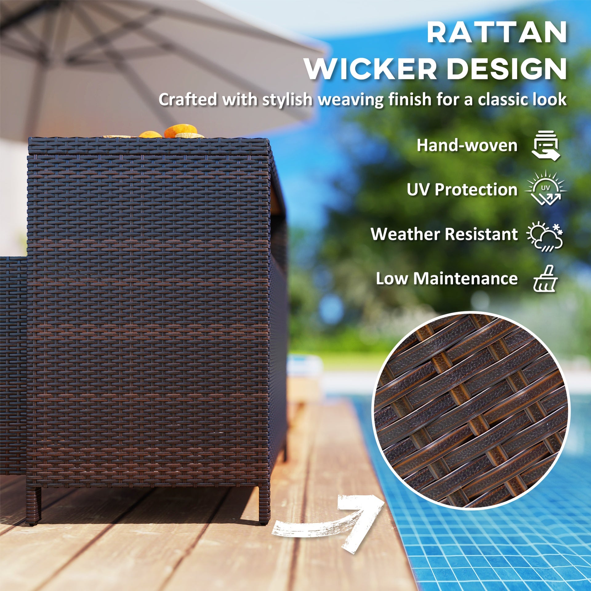 Outsunny Outdoor Storage Cabinet with Acacia Wood Top, Two Doors, Shelf, Wicker Bar Table for Pool Towel Storage, Brown