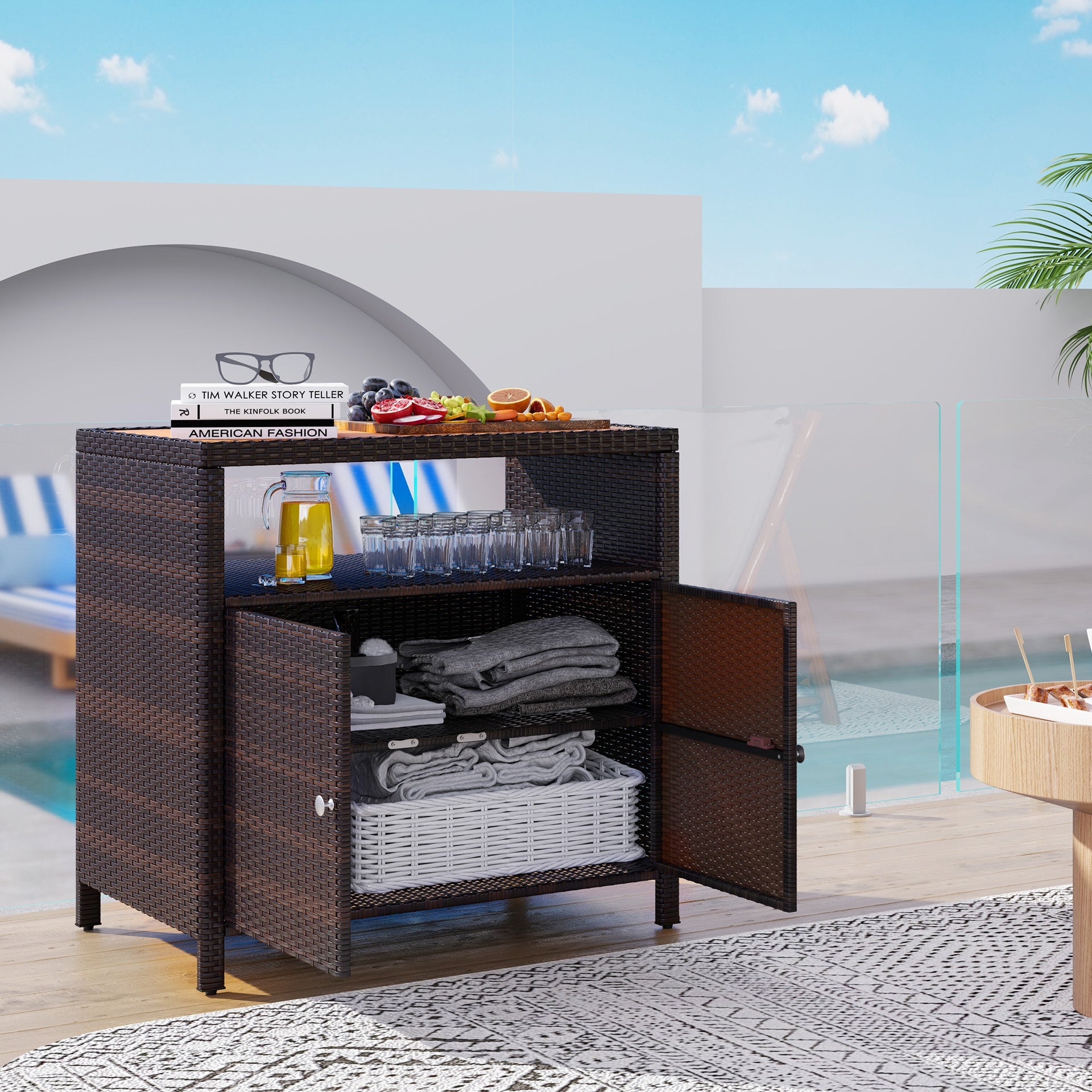 Outsunny Outdoor Storage Cabinet with Acacia Wood Top, Two Doors, Shelf, Wicker Bar Table for Pool Towel Storage, Brown