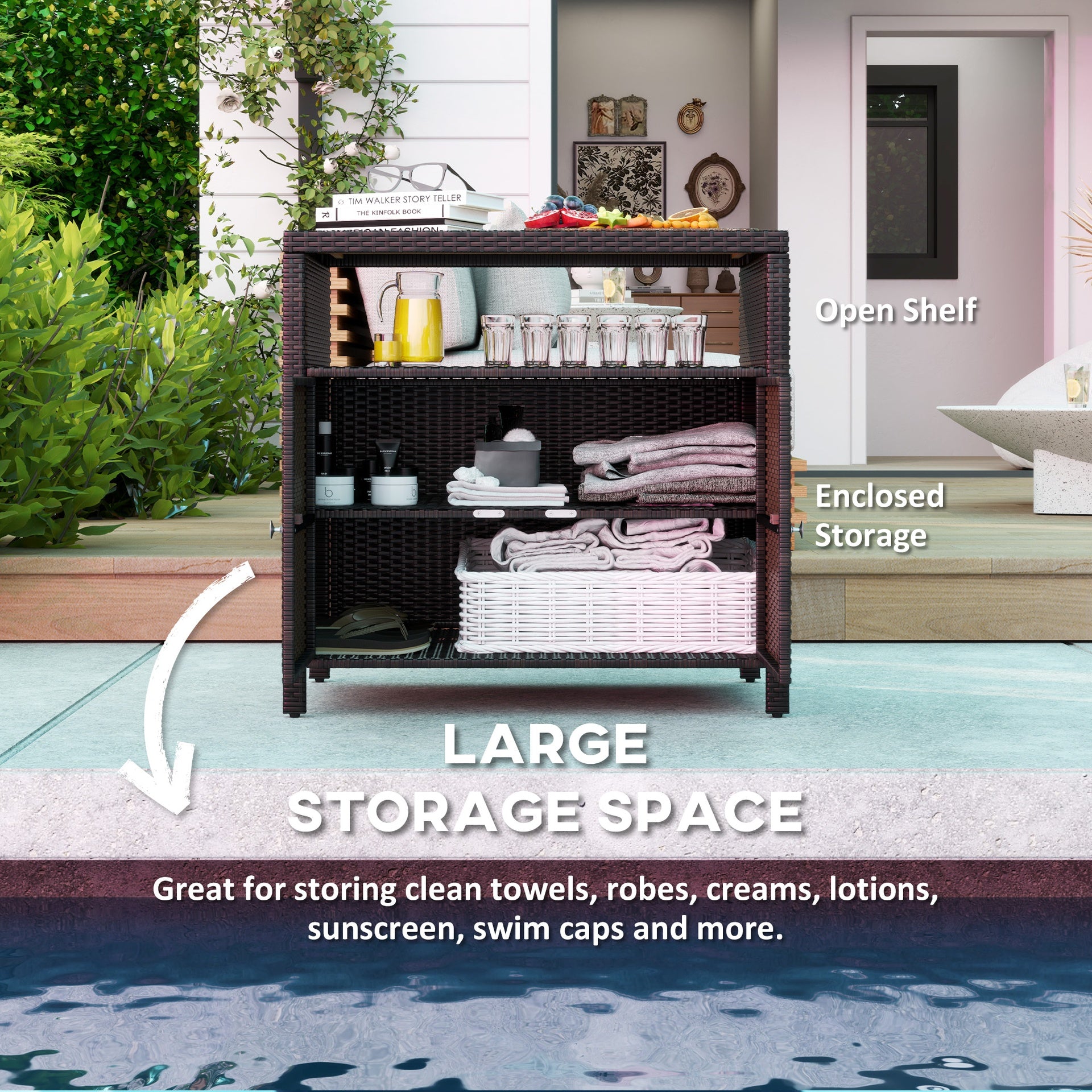 Outsunny Outdoor Storage Cabinet with Acacia Wood Top, Two Doors, Shelf, Wicker Bar Table for Pool Towel Storage, Brown