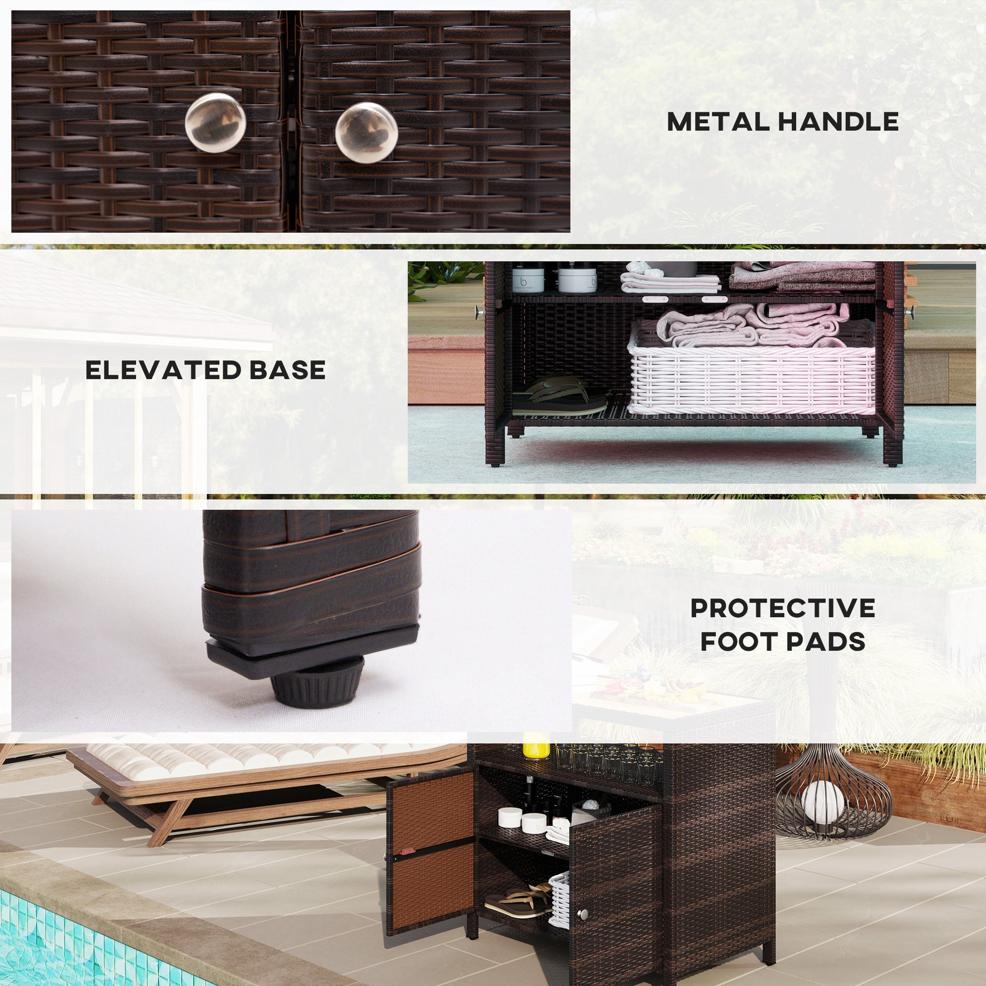 Outsunny Outdoor Storage Cabinet with Acacia Wood Top, Two Doors, Shelf, Wicker Bar Table for Pool Towel Storage, Brown