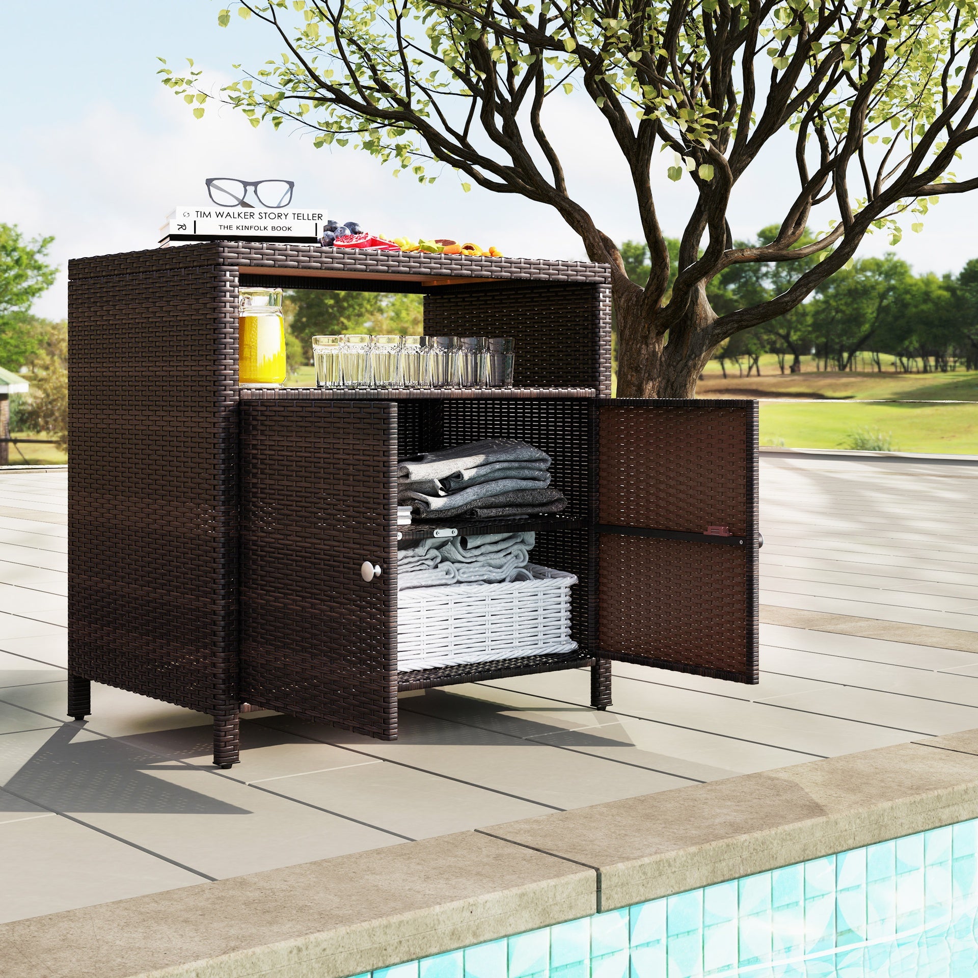 Outsunny Outdoor Storage Cabinet with Acacia Wood Top, Two Doors, Shelf, Wicker Bar Table for Pool Towel Storage, Brown