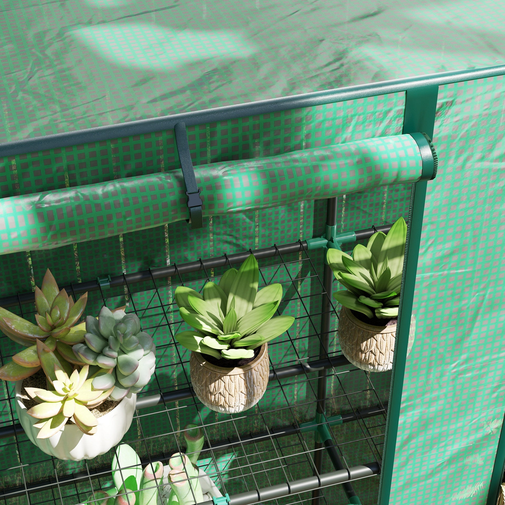 Outsunny Lean-to Greenhouse with 3 Tier Shelves, Portable Greenhouse with PE Cover, 2 Roll-Up Doors, 56.7" x 18.9" x 59.8", Green