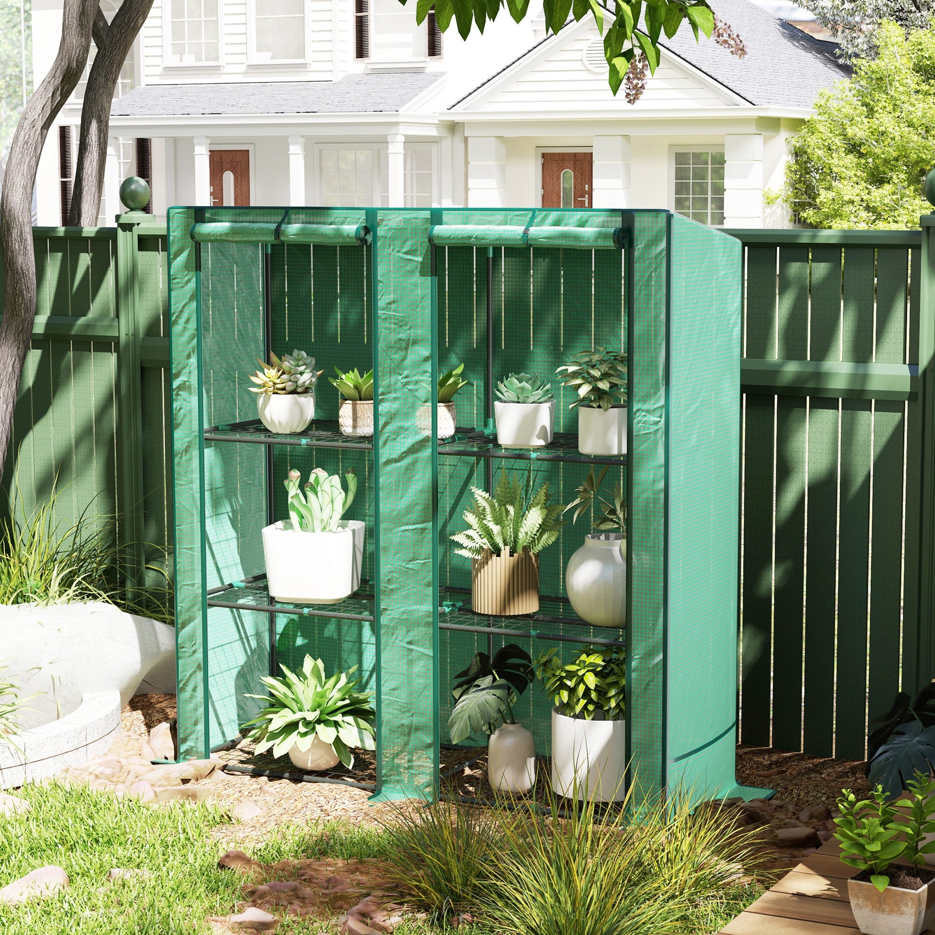 Outsunny Lean-to Greenhouse with 3 Tier Shelves, Portable Greenhouse with PE Cover, 2 Roll-Up Doors, 56.7" x 18.9" x 59.8", Green