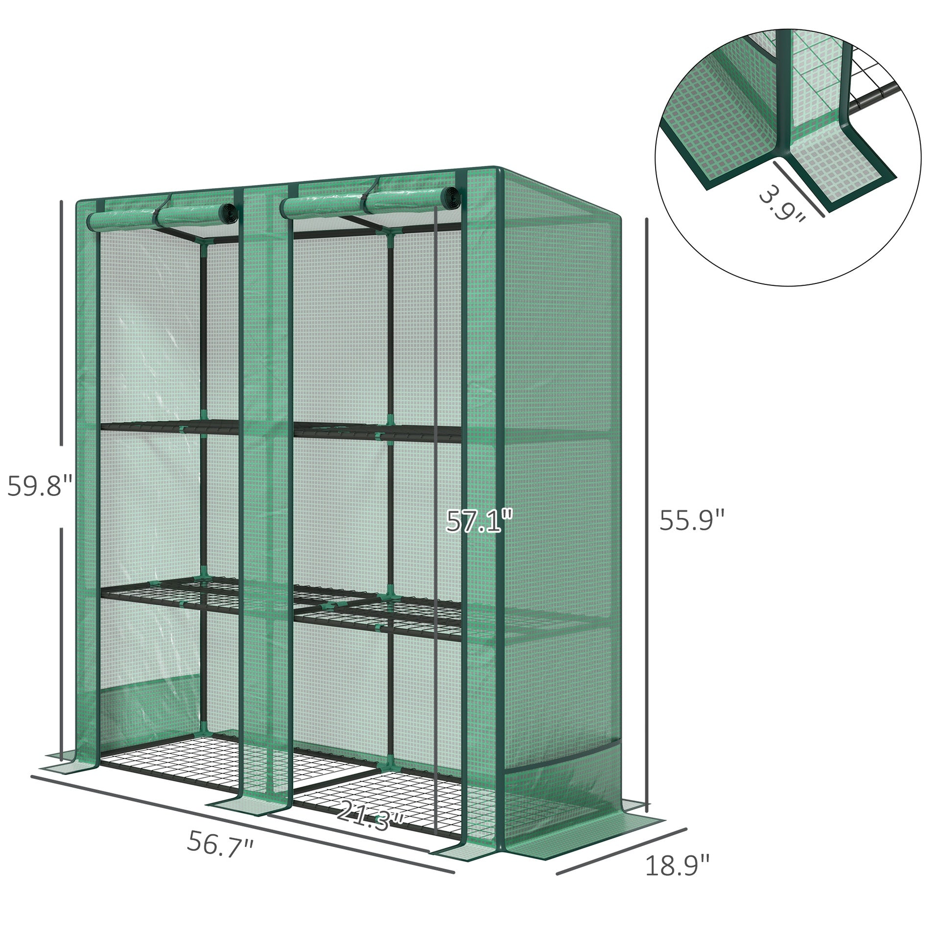 Outsunny Lean-to Greenhouse with 3 Tier Shelves, Portable Greenhouse with PE Cover, 2 Roll-Up Doors, 56.7" x 18.9" x 59.8", Green