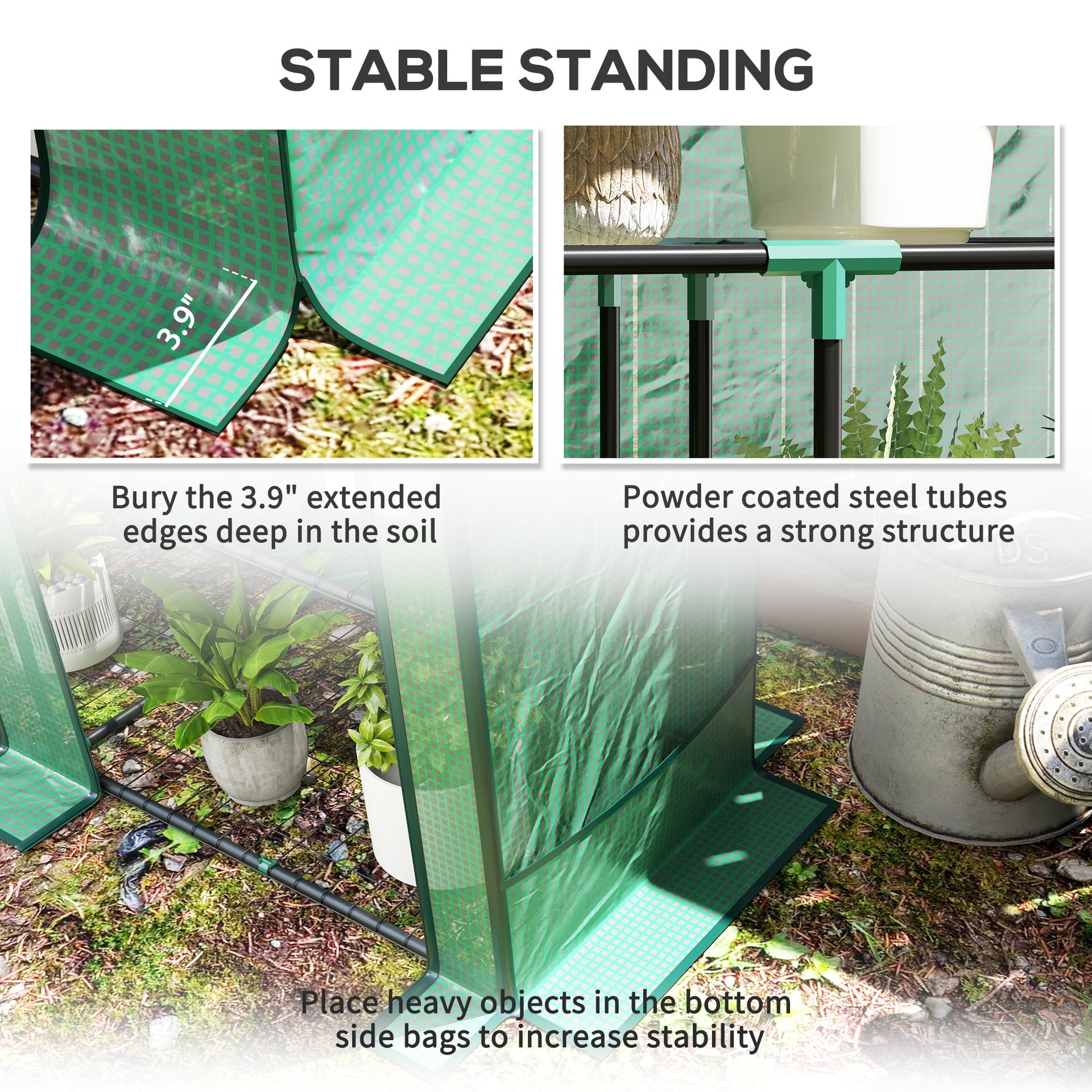 Outsunny Lean-to Greenhouse with 3 Tier Shelves, Portable Greenhouse with PE Cover, 2 Roll-Up Doors, 56.7" x 18.9" x 59.8", Green