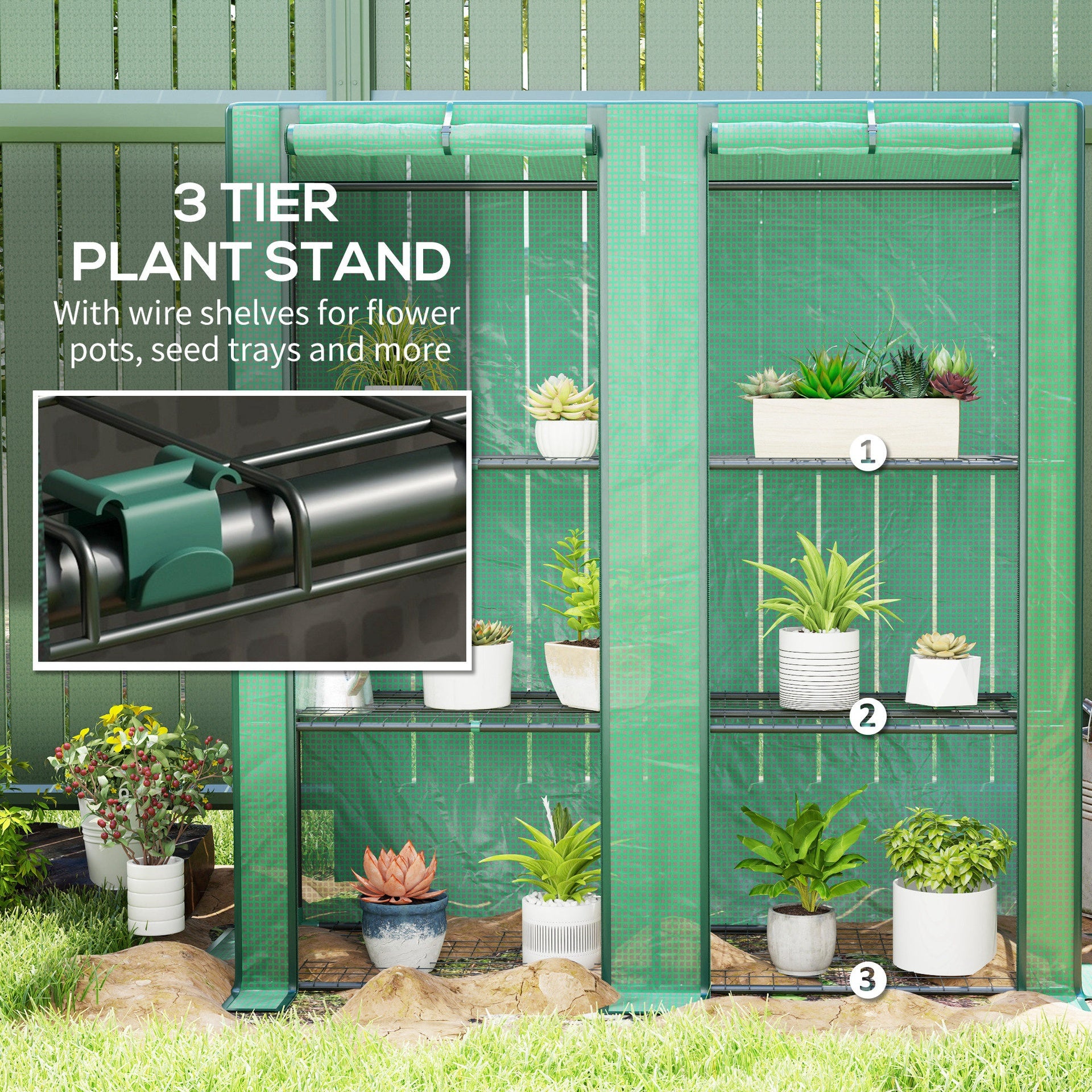 Outsunny Lean-to Greenhouse with 3 Tier Shelves, Portable Greenhouse with PE Cover, 2 Roll-Up Doors, 56.7" x 18.9" x 59.8", Green