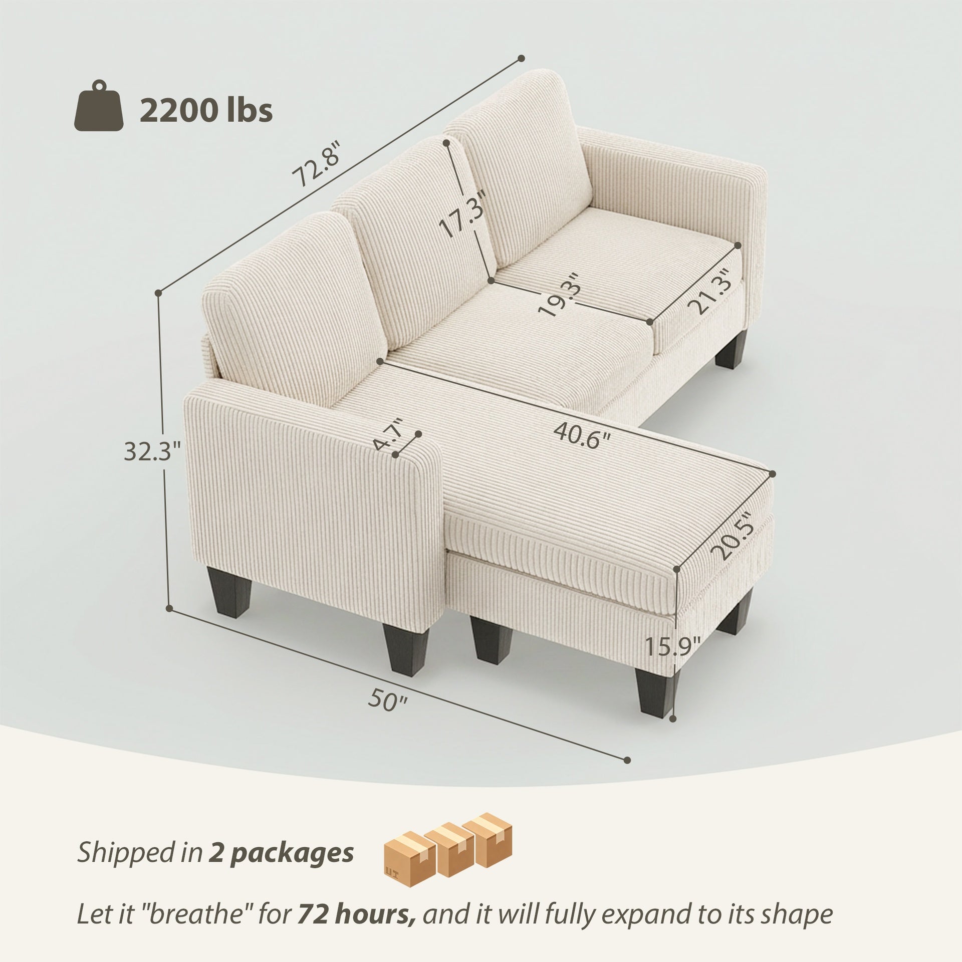 HOMCOM Sectional Sofa, L Shaped Couch, with Reversible Chaise or Ottoman, Cream White