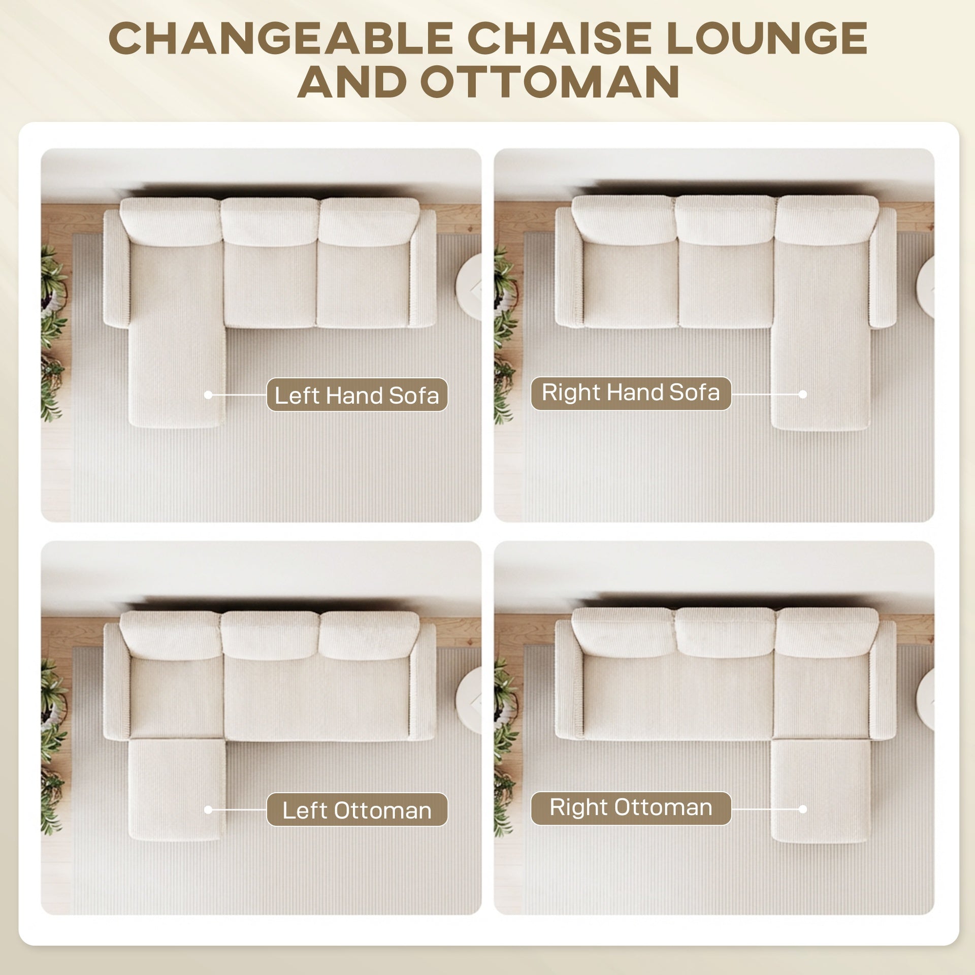 HOMCOM Sectional Sofa, L Shaped Couch, with Reversible Chaise or Ottoman, Cream White