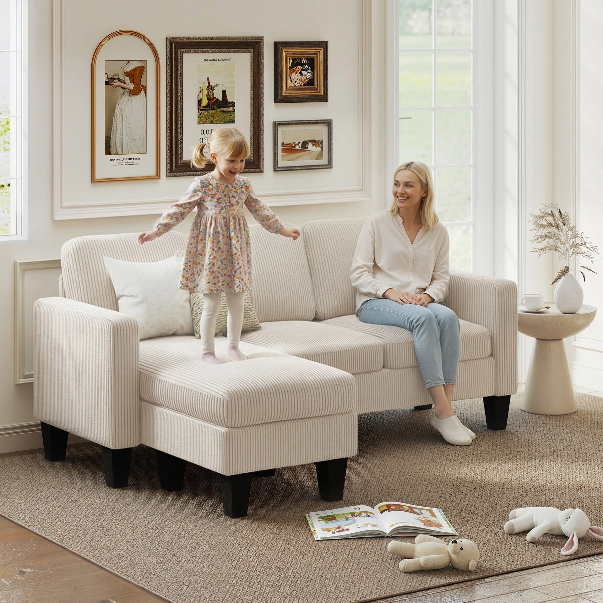 HOMCOM Sectional Sofa, L Shaped Couch, with Reversible Chaise or Ottoman, Cream White