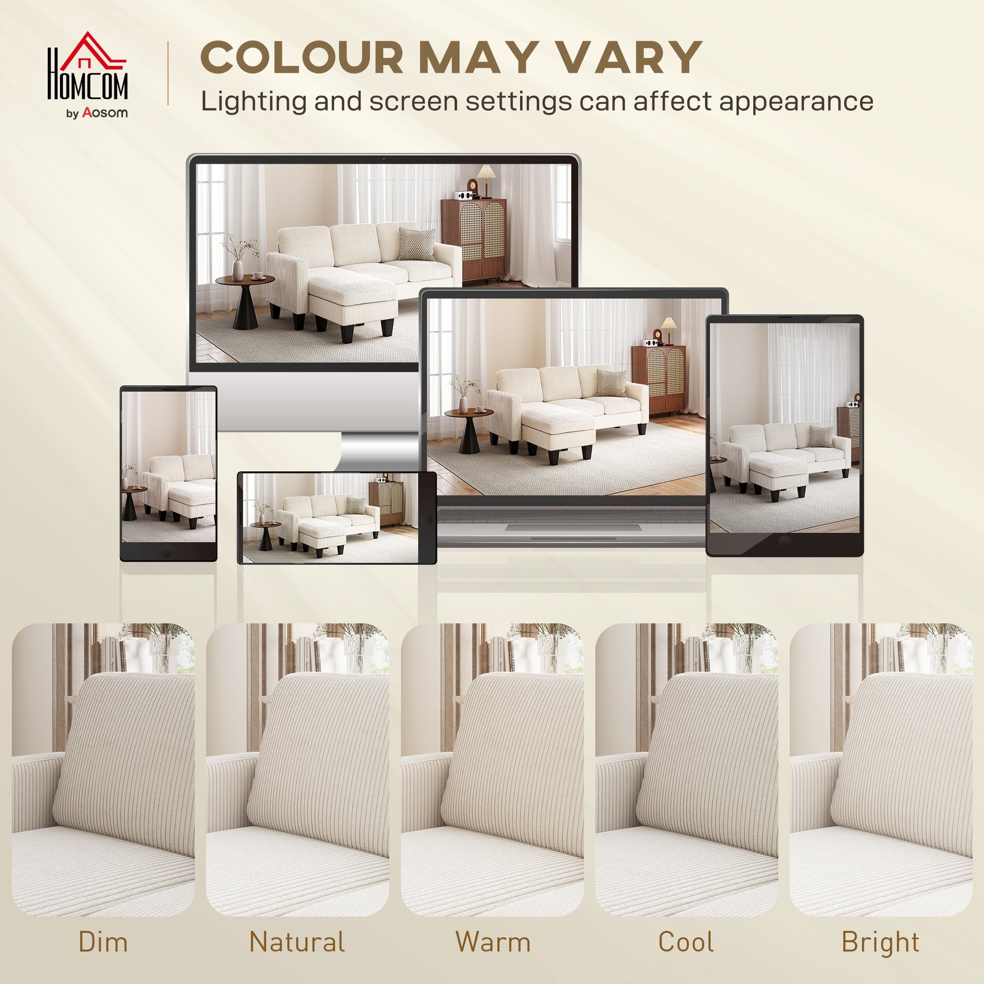 HOMCOM Sectional Sofa, L Shaped Couch, with Reversible Chaise or Ottoman, Cream White