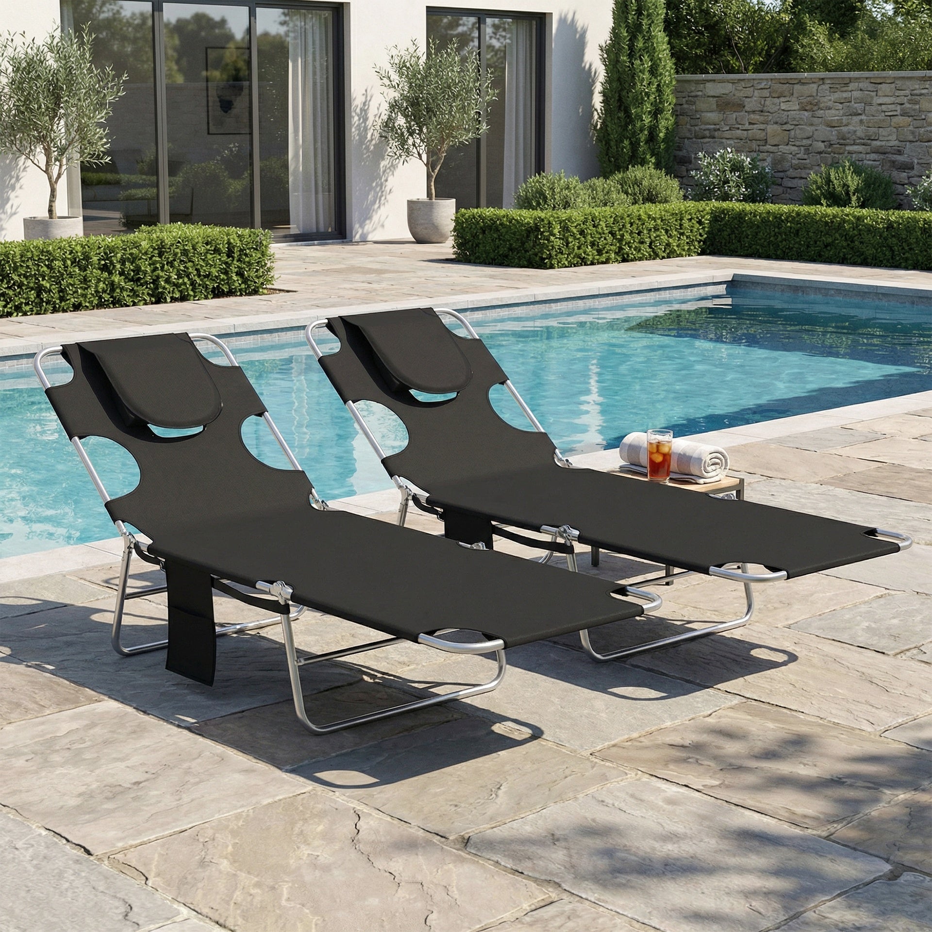 Outsunny 2 Tanning Chairs with Face Hole, 5-Level Adjustable Outdoor Chaise Lounge Chair with Pillow for Beach, Pool, Black