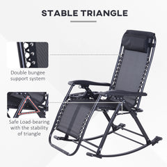 Outsunny Outdoor Rocking Chairs, Foldable Reclining Zero Gravity Lounge Rocker with Pillow, Cup & Phone Holder, Combo Design with Folding Legs, Black