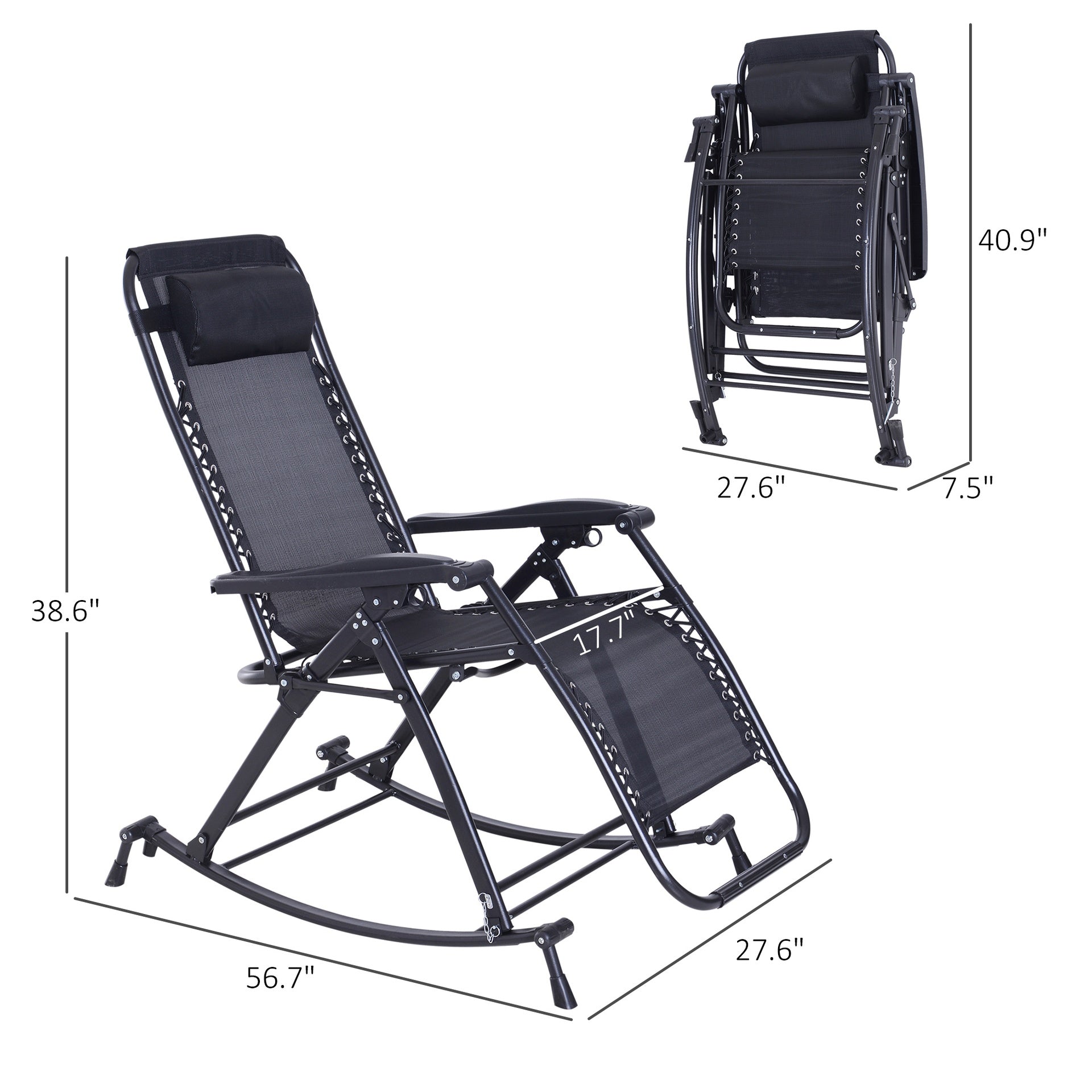 Outsunny Outdoor Rocking Chairs, Foldable Reclining Zero Gravity Lounge Rocker with Pillow, Cup & Phone Holder, Combo Design with Folding Legs, Black