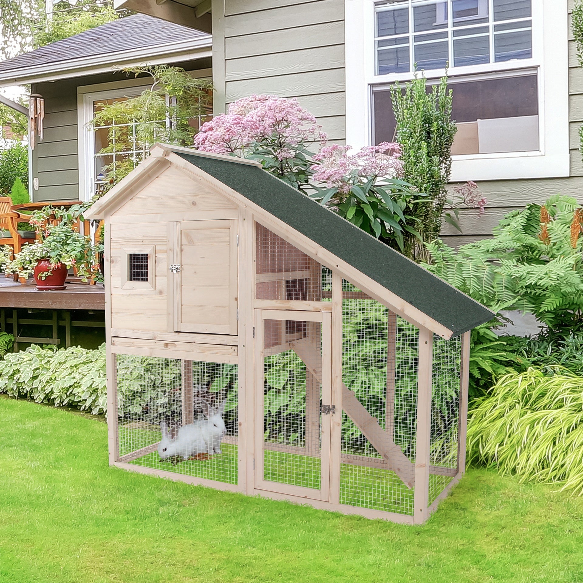 PawHut 55" L 2-Tier Wooden Rabbit Hutch Bunny Cage