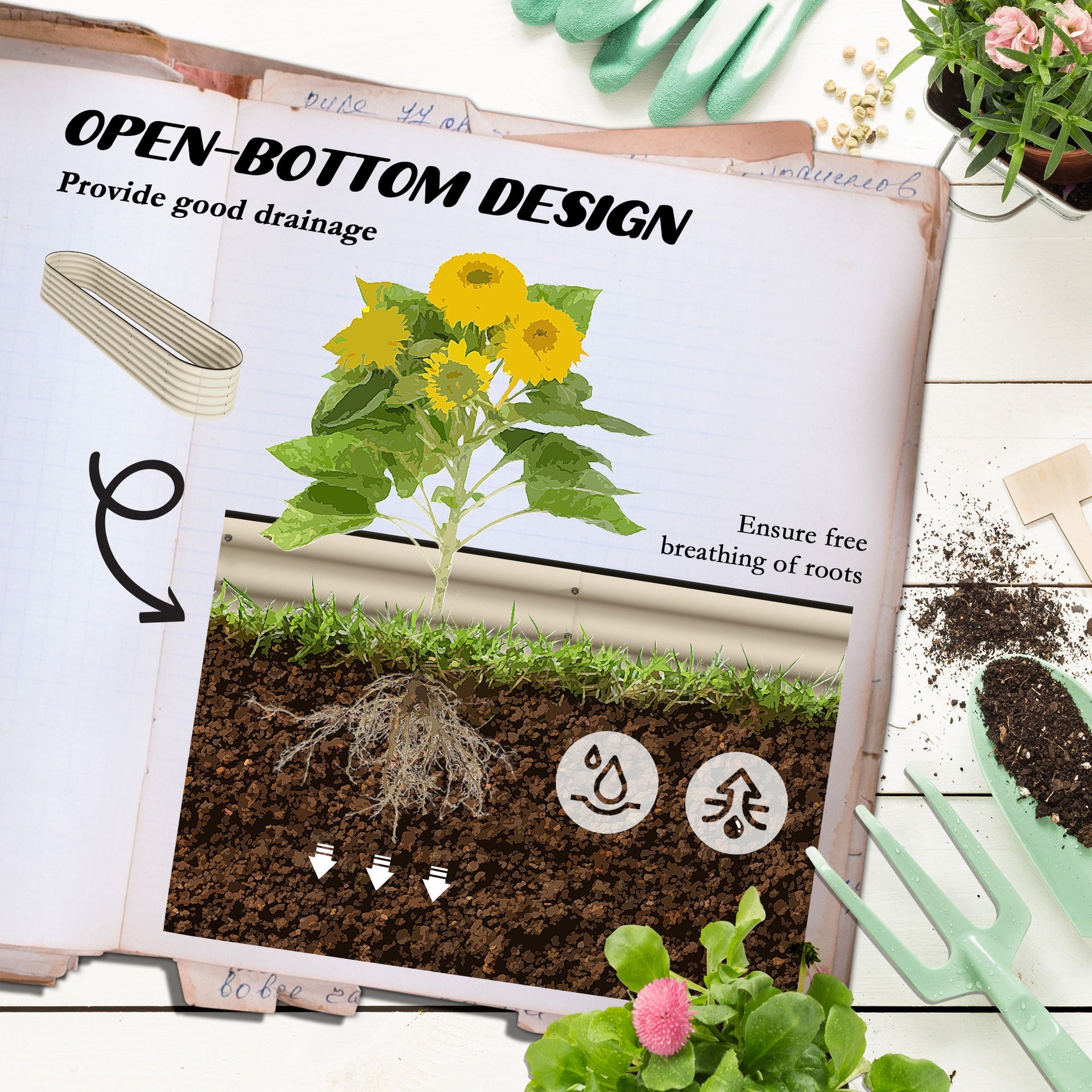 Outsunny 7.9' x 2' x 1.4' Galvanized Raised Garden Bed Kit, Metal Planter Box with Safety Edging, Cream