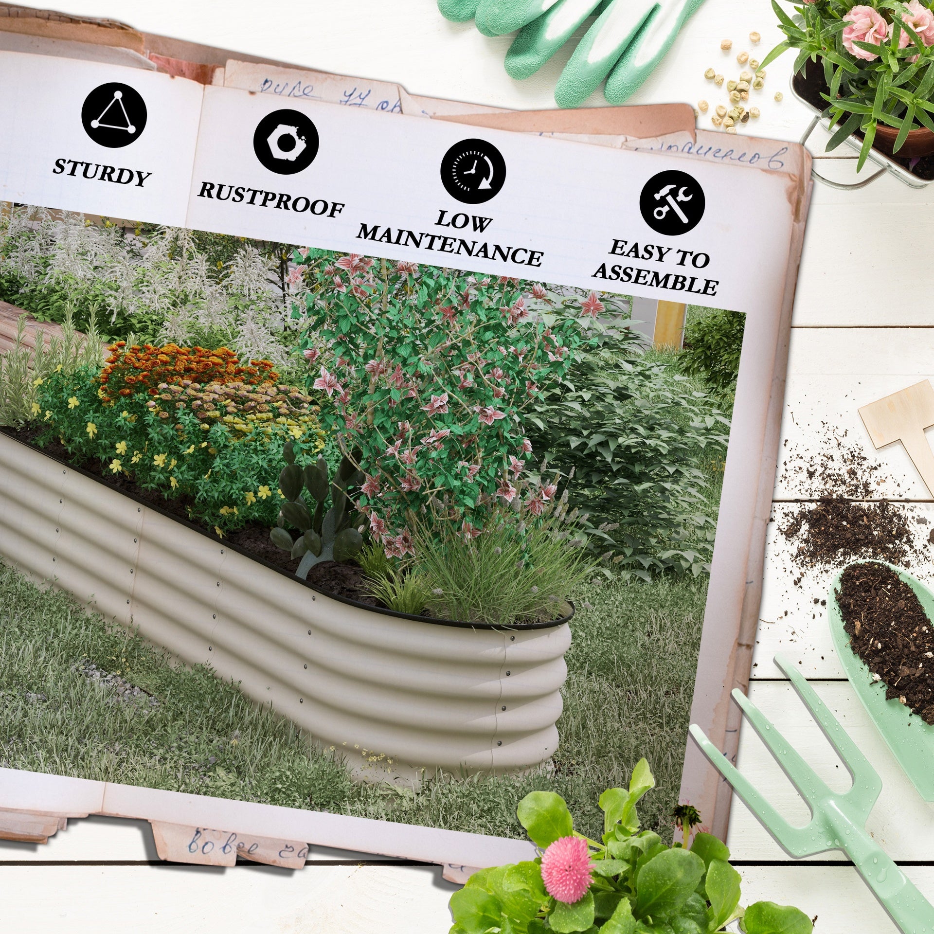 Outsunny 7.9' x 2' x 1.4' Galvanized Raised Garden Bed Kit, Metal Planter Box with Safety Edging, Cream