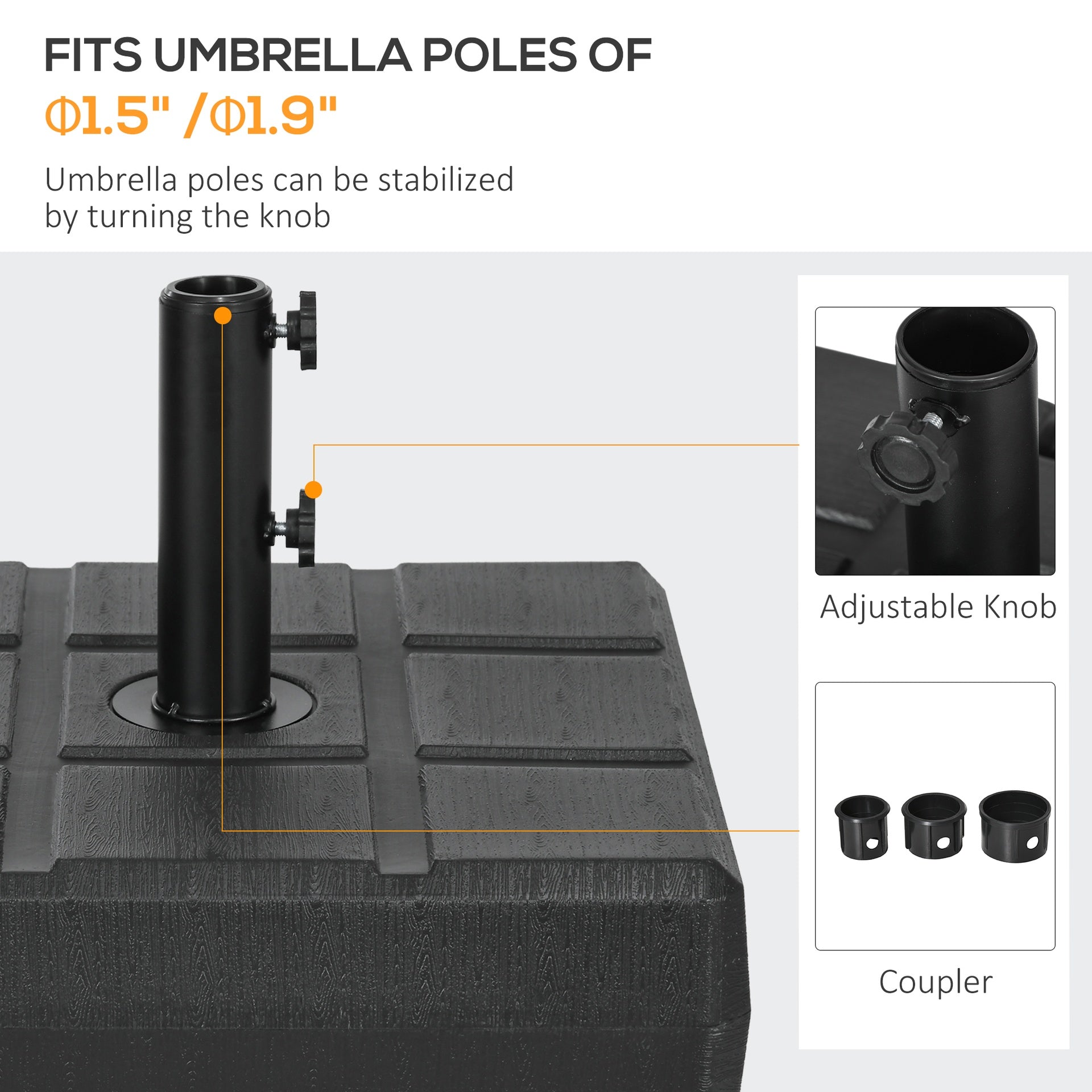 Outsunny Umbrella Stand for 1.5", or 1.9" Umbrella Poles, Fillable Umbrella Base, Black