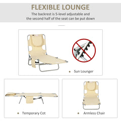 Outsunny Tanning Chair with Face Hole, 5-Level Adjustable Outdoor Chaise Lounge Chair with Pillow for Beach, Pool, Beige