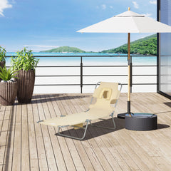 Outsunny Tanning Chair with Face Hole, 5-Level Adjustable Outdoor Chaise Lounge Chair with Pillow for Beach, Pool, Beige
