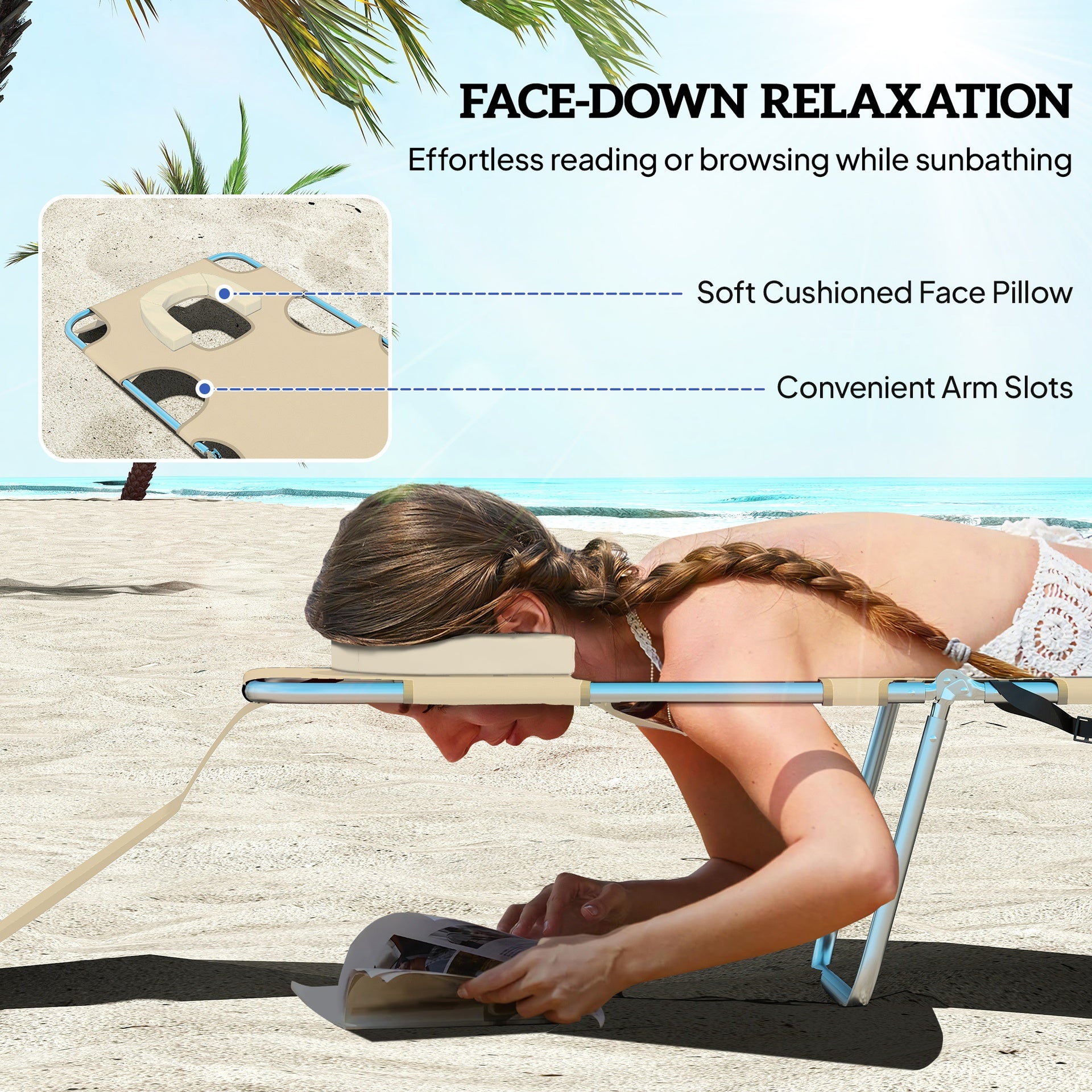 Outsunny Tanning Chair with Face Hole, 5-Level Adjustable Outdoor Chaise Lounge Chair with Pillow for Beach, Pool, Beige