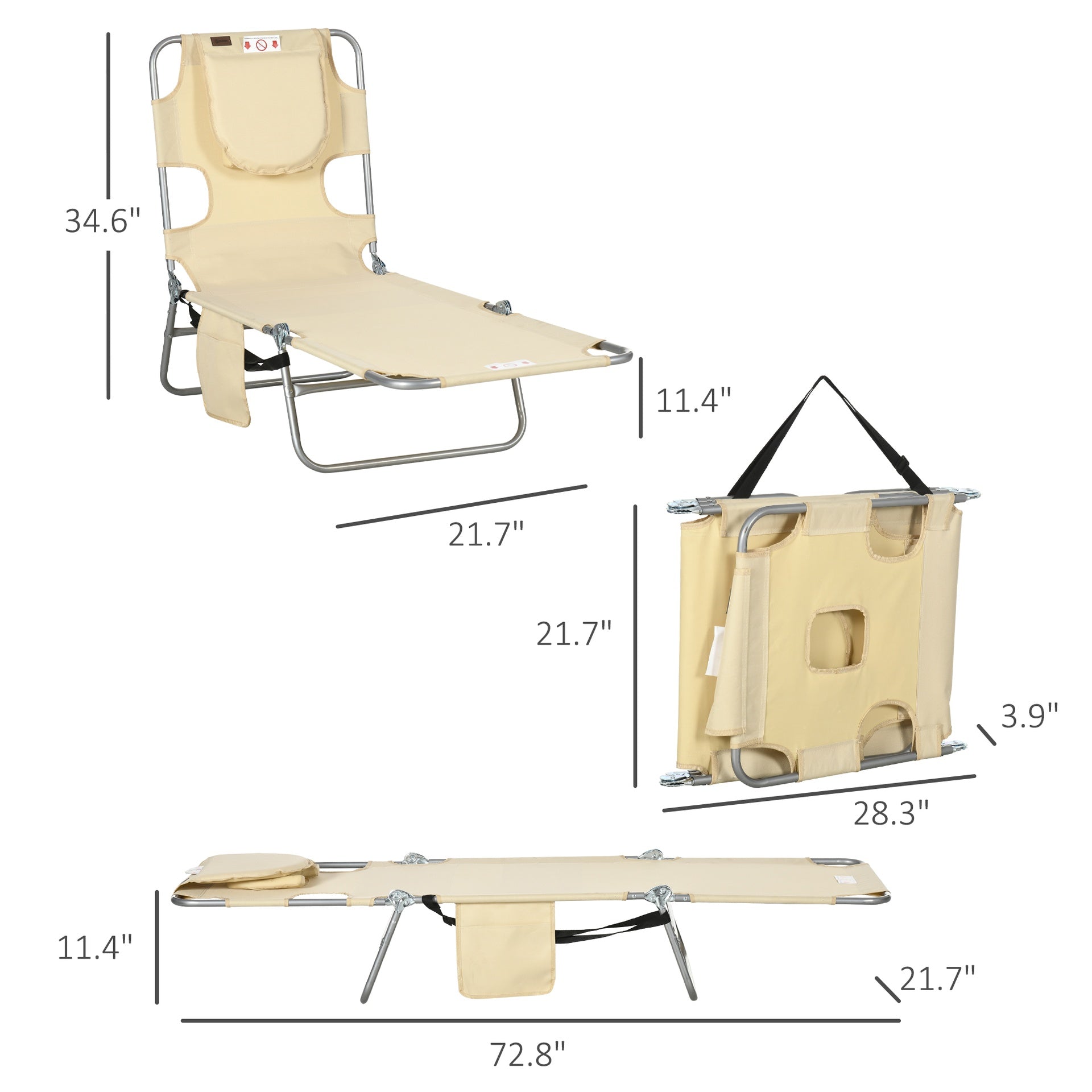 Outsunny Tanning Chair with Face Hole, 5-Level Adjustable Outdoor Chaise Lounge Chair with Pillow for Beach, Pool, Beige