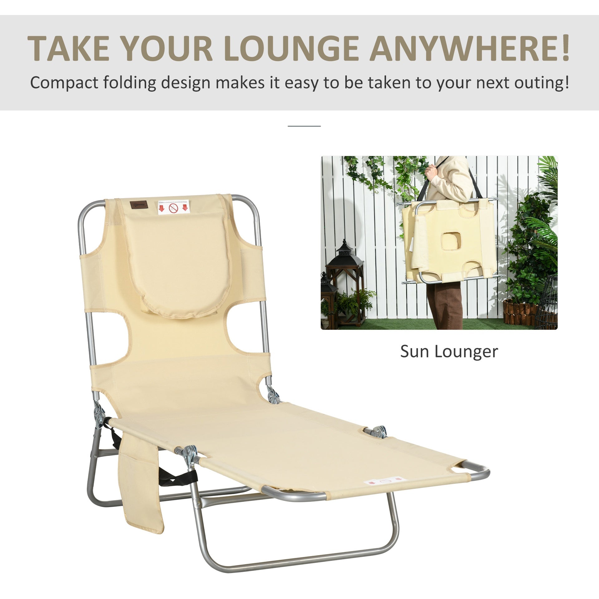 Outsunny Tanning Chair with Face Hole, 5-Level Adjustable Outdoor Chaise Lounge Chair with Pillow for Beach, Pool, Beige