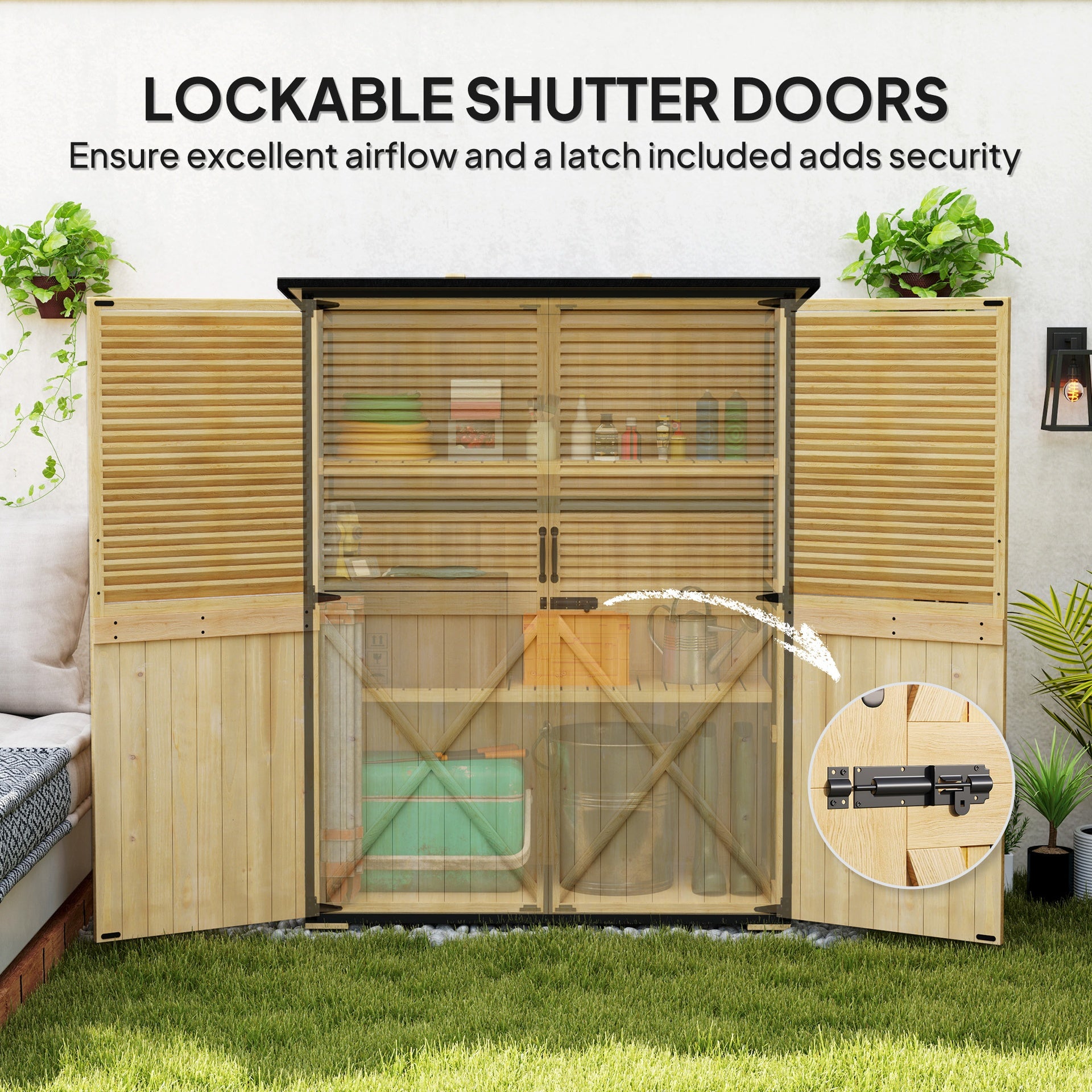 Outsunny Wood Storage Shed, Outdoor Garden Shed with Asphalt Roof, 2 Shelves, Lockable Doors and Adjustable Feet, Natural