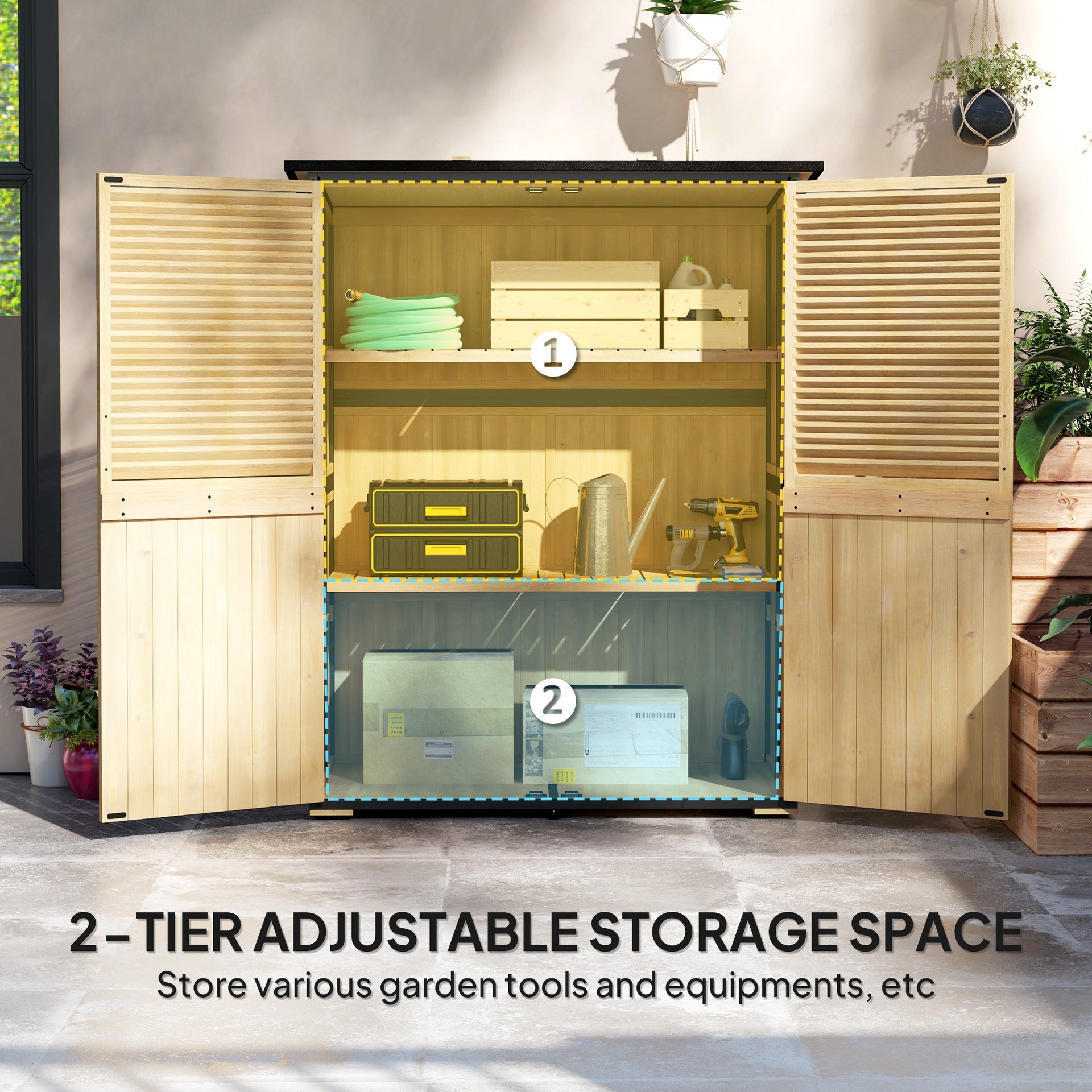 Outsunny Wood Storage Shed, Outdoor Garden Shed with Asphalt Roof, 2 Shelves, Lockable Doors and Adjustable Feet, Natural