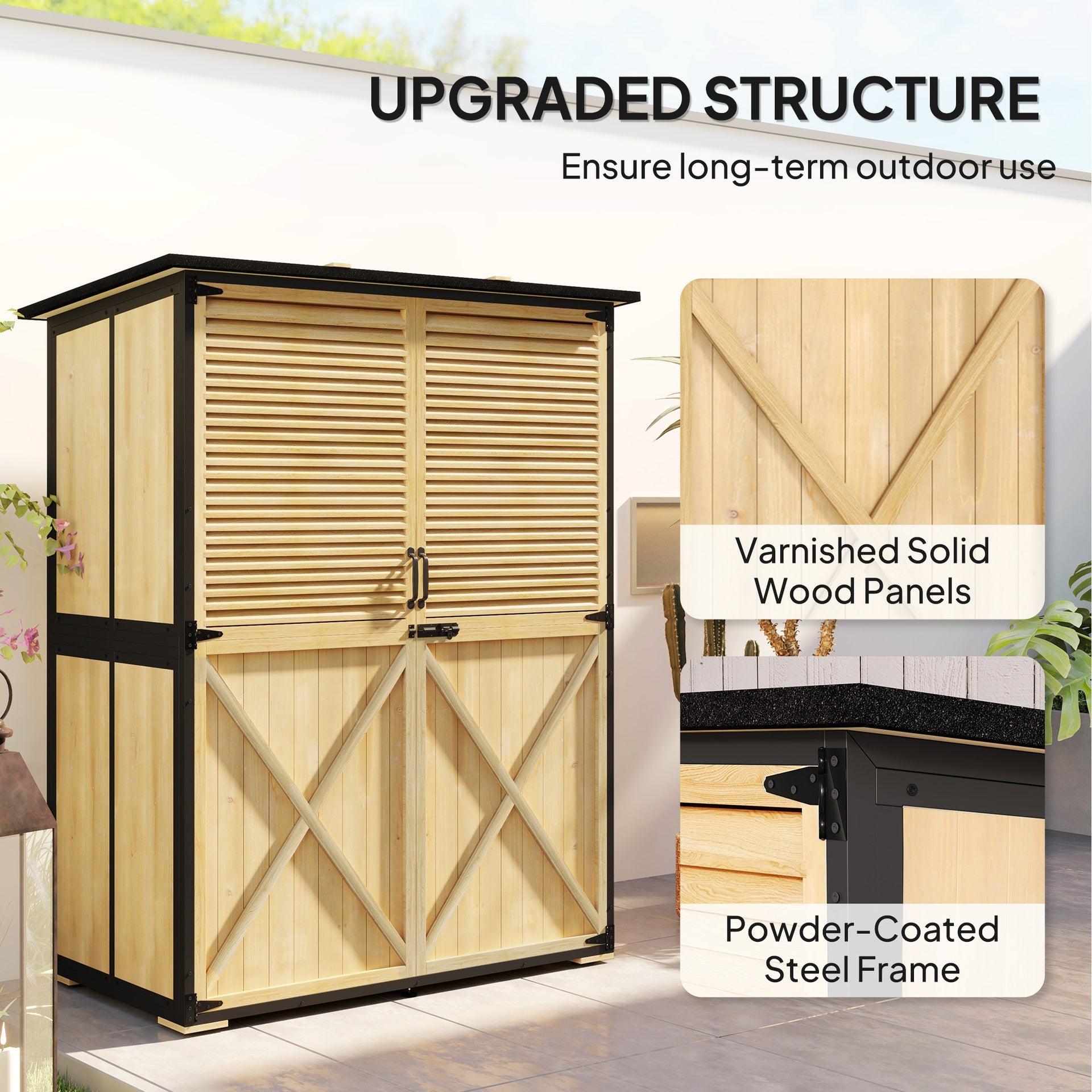 Outsunny Wood Storage Shed, Outdoor Garden Shed with Asphalt Roof, 2 Shelves, Lockable Doors and Adjustable Feet, Natural