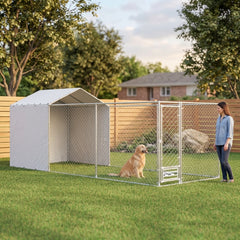 PawHut Galvanized Chain Link Large Outdoor Dog Kennel with Waterproof & UV-Resistant Cover, for M&L Dogs, 19.7' x 7.5' x 7.5'