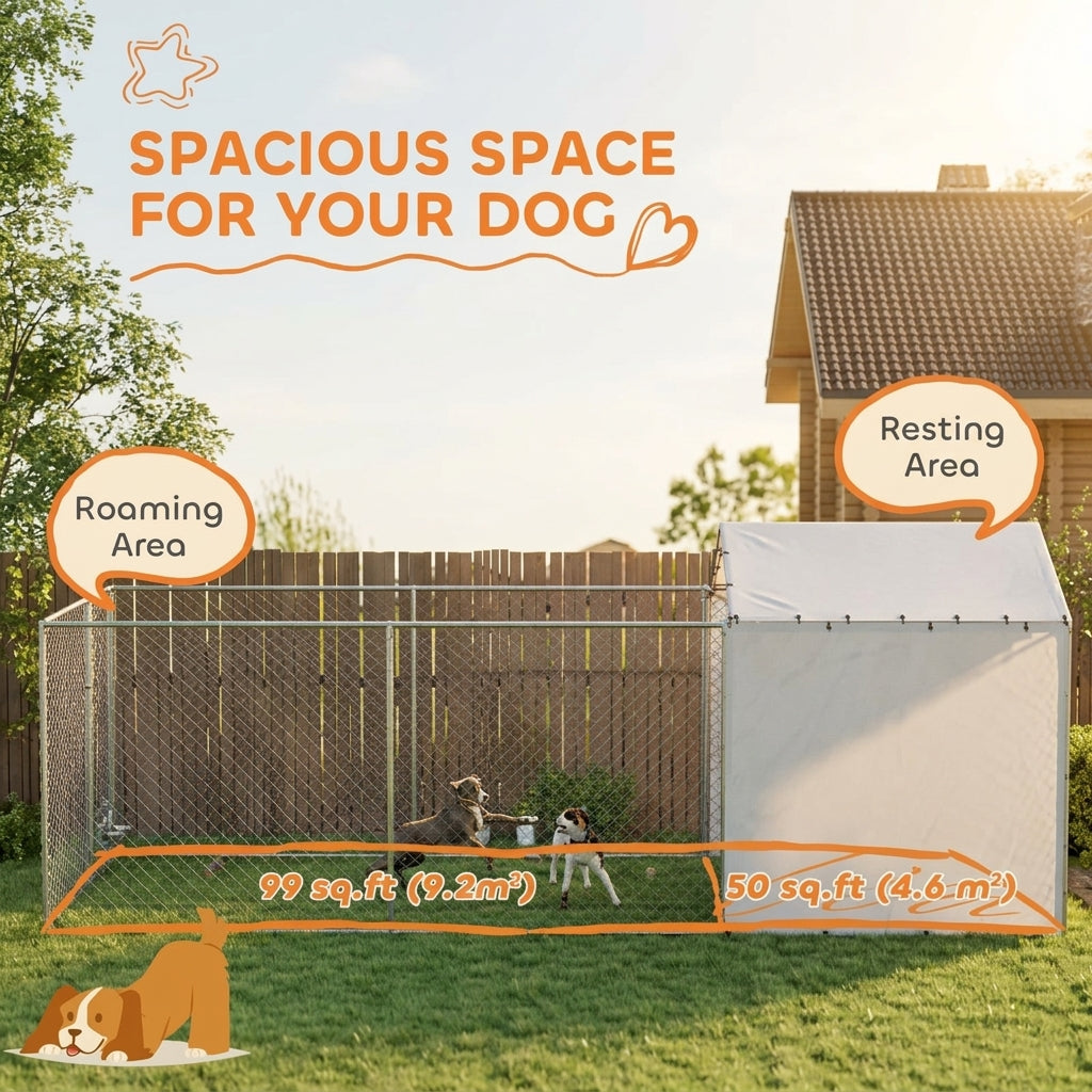 PawHut Galvanized Chain Link Large Outdoor Dog Kennel with Waterproof & UV-Resistant Cover, for M&L Dogs, 19.7' x 7.5' x 7.5'