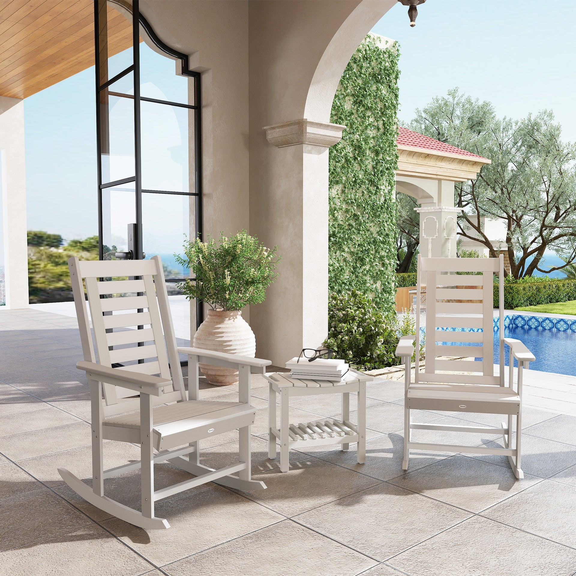 Outsunny 2 Pieces Outdoor Rocking Chairs, HDPE Patio Rockers with 28" High Back, Wide Armrests for Porch Backyard, White