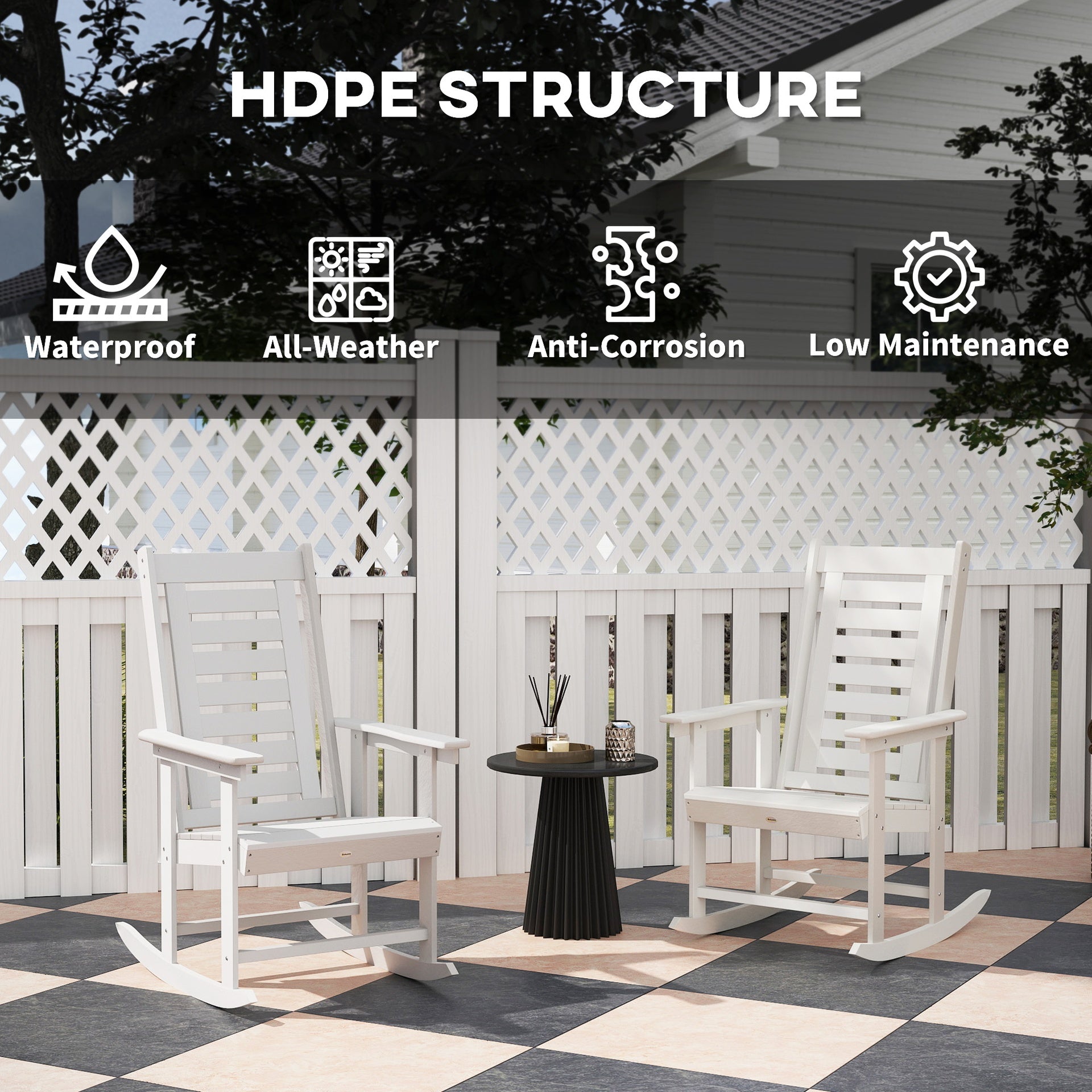Outsunny 2 Pieces Outdoor Rocking Chairs, HDPE Patio Rockers with 28" High Back, Wide Armrests for Porch Backyard, White