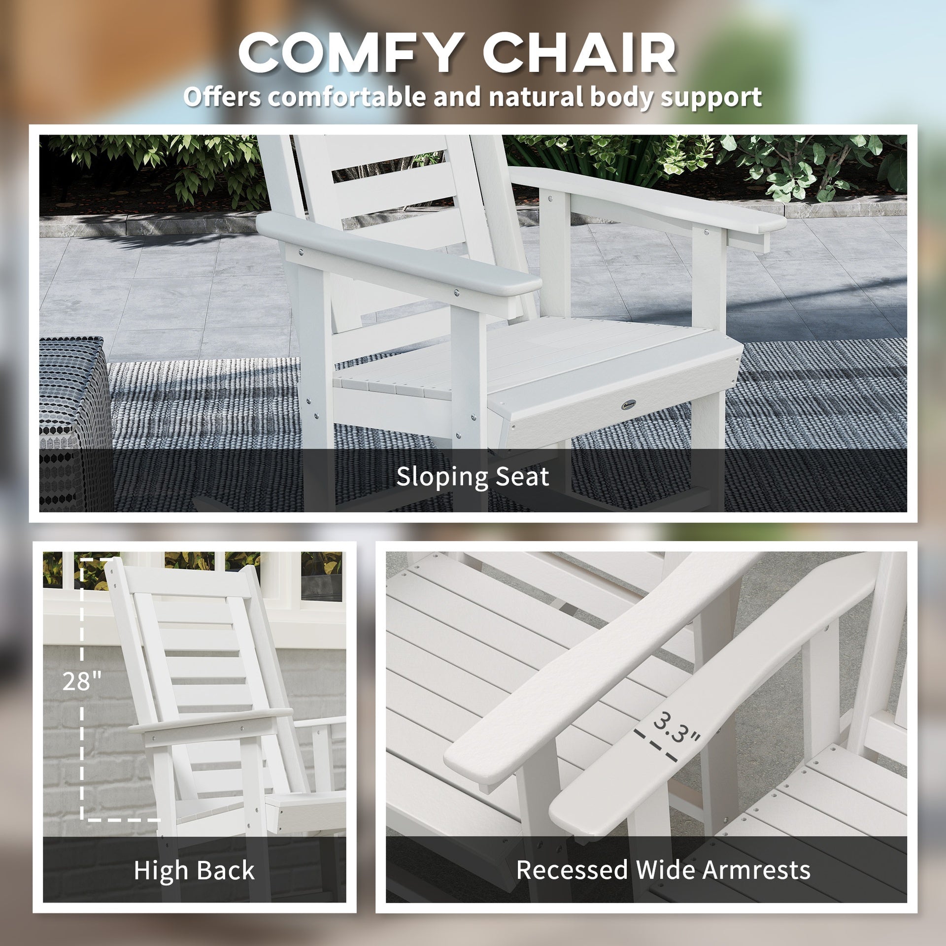 Outsunny 2 Pieces Outdoor Rocking Chairs, HDPE Patio Rockers with 28" High Back, Wide Armrests for Porch Backyard, White