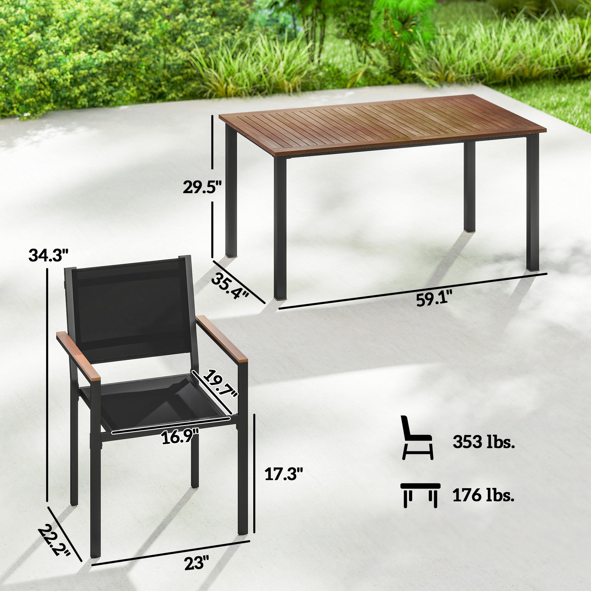 Outsunny Outdoor Dining Set for 4, Patio Table and Chairs Set with 59" Rectangle Acacia Wood Table and 352 LBS Stackable Chairs