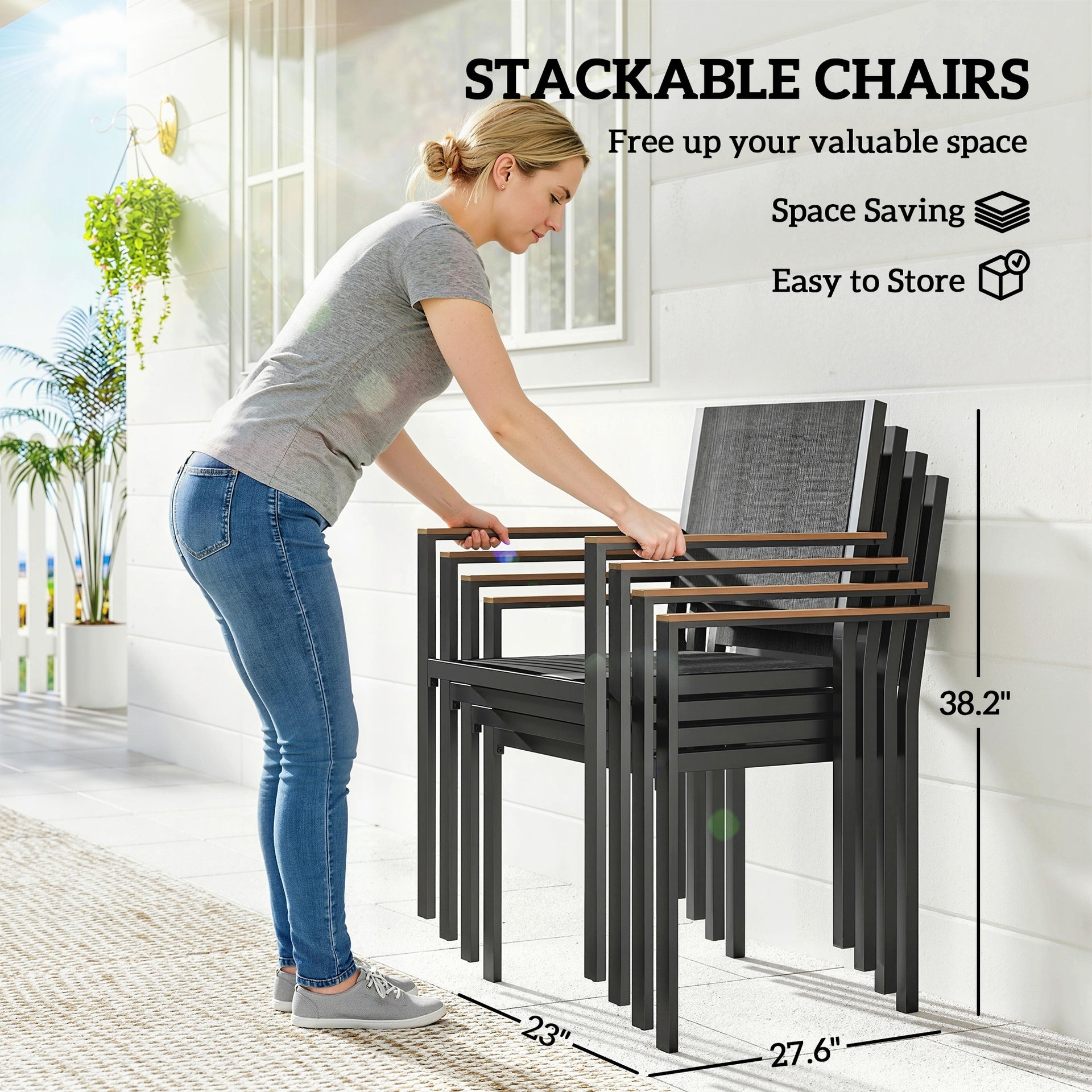 Outsunny Outdoor Dining Set for 4, Patio Table and Chairs Set with 59" Rectangle Acacia Wood Table and 352 LBS Stackable Chairs