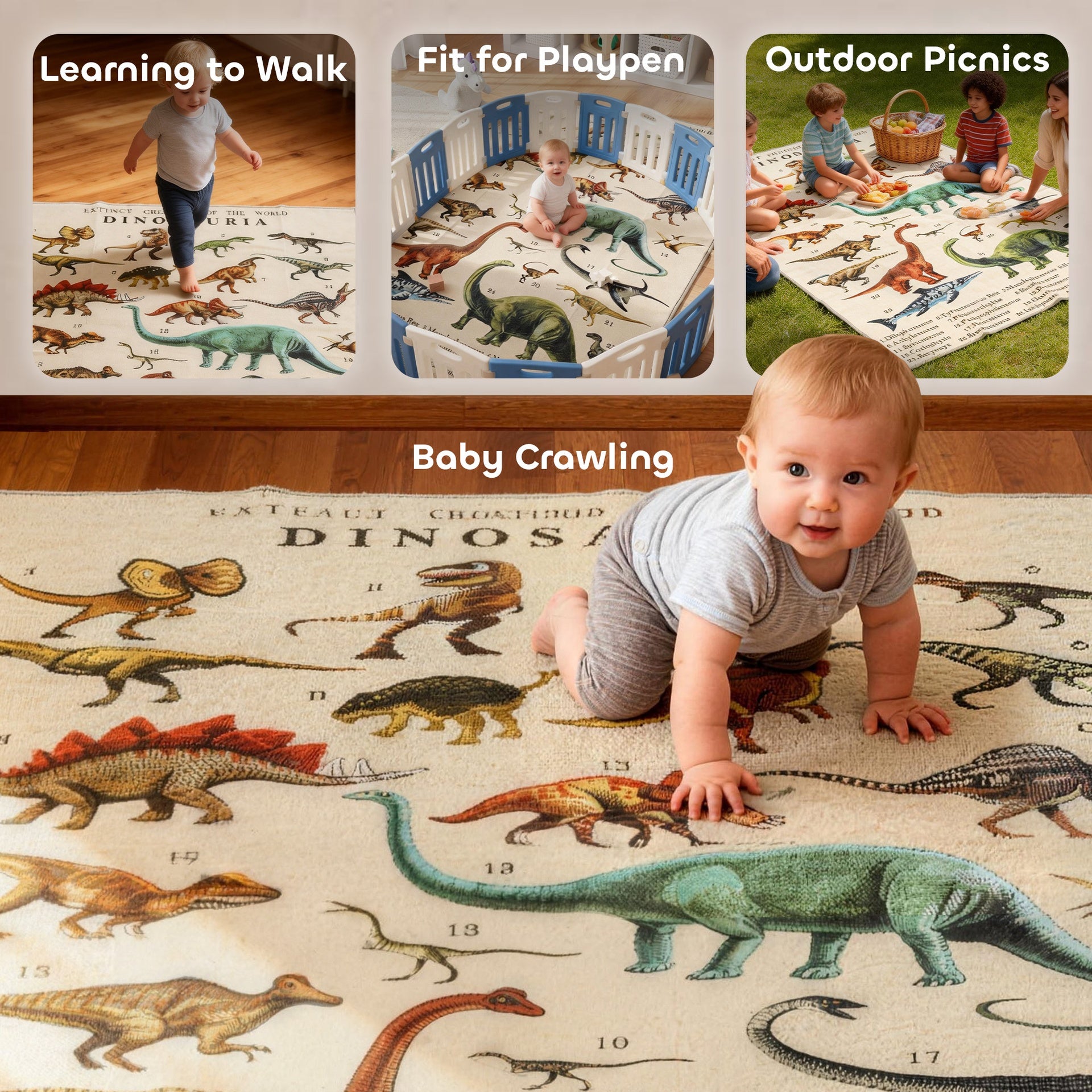 Qaba Large Play Mat 79" x 59", Crawling Mat for Toddlers, Living Room and Bedroom with Dinosaur Pattern, Khaki
