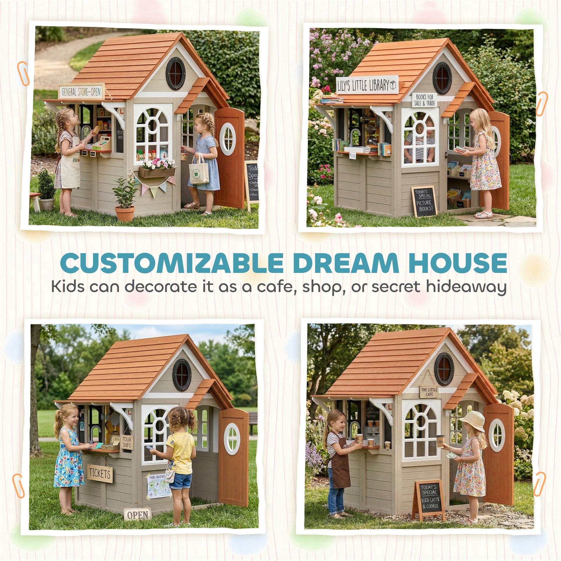 Qaba Outdoor Playhouse, Wooden Kids Playhouse with Dog Door, Cookware, Blackboard, Clock, Tic-Tac-Toe Roller for Backyard