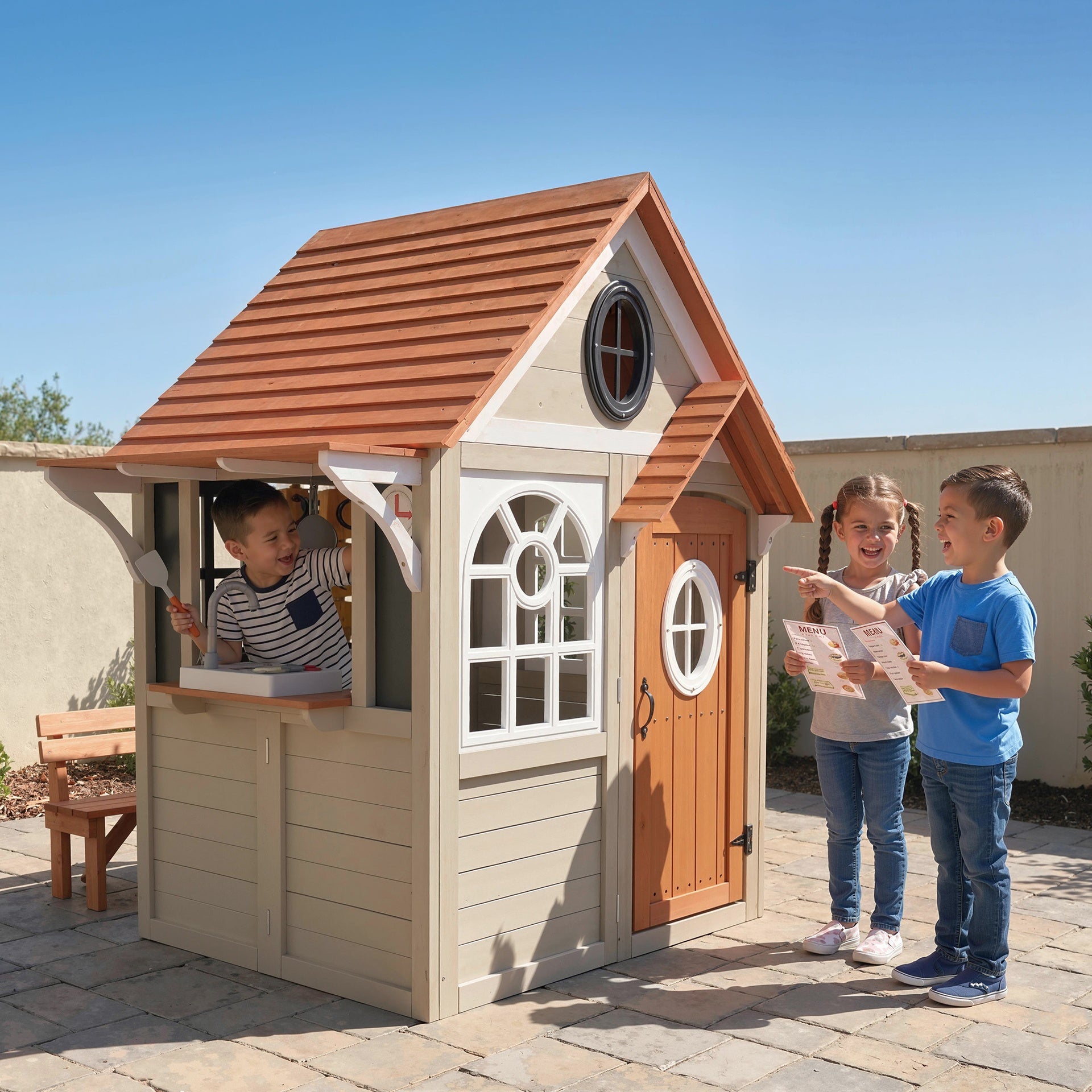Qaba Outdoor Playhouse, Wooden Kids Playhouse with Dog Door, Cookware, Blackboard, Clock, Tic-Tac-Toe Roller for Backyard