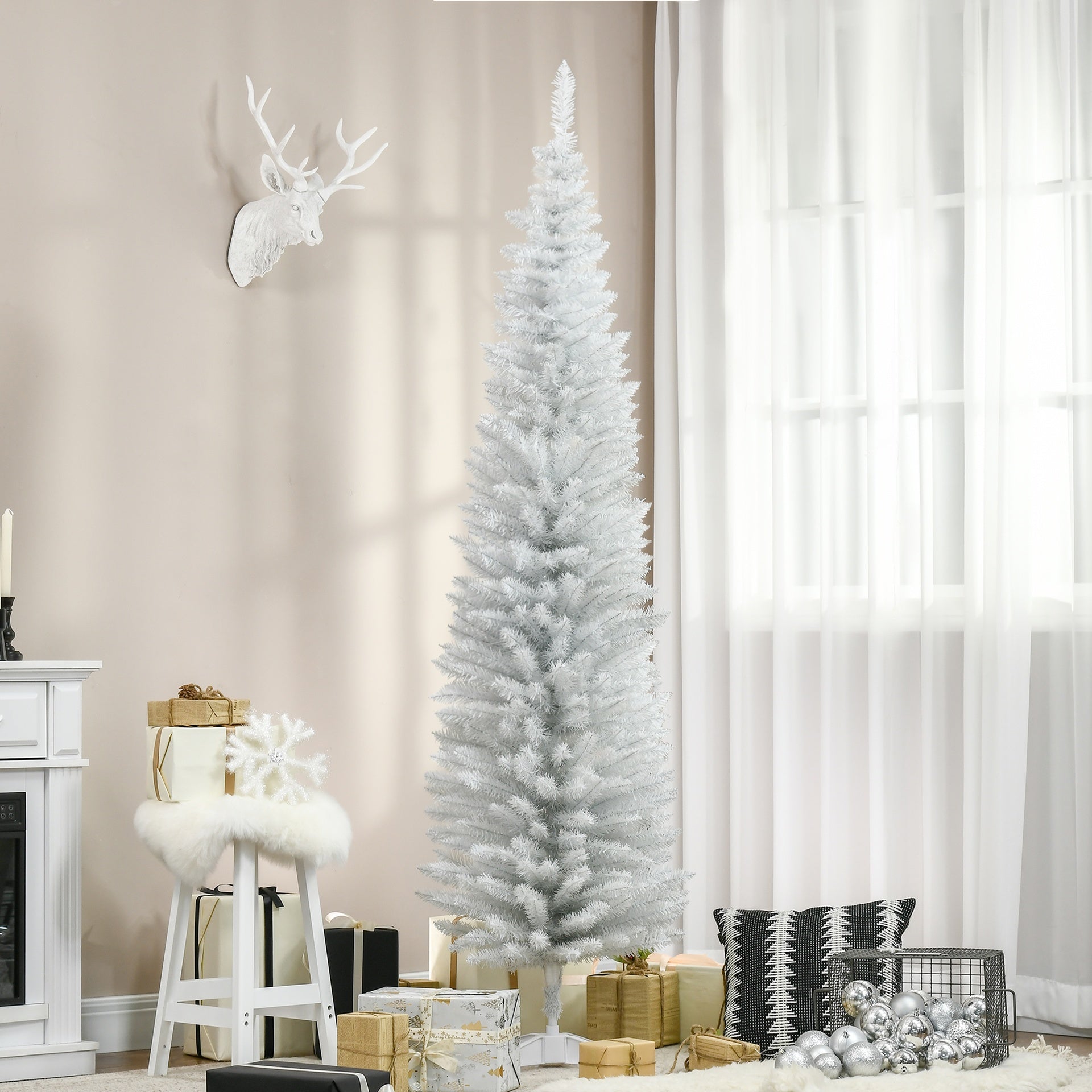HOMCOM 7ft Unlit Pencil Artificial Christmas Tree with Realistic Branches and 499 Tips, Plastic Base, White