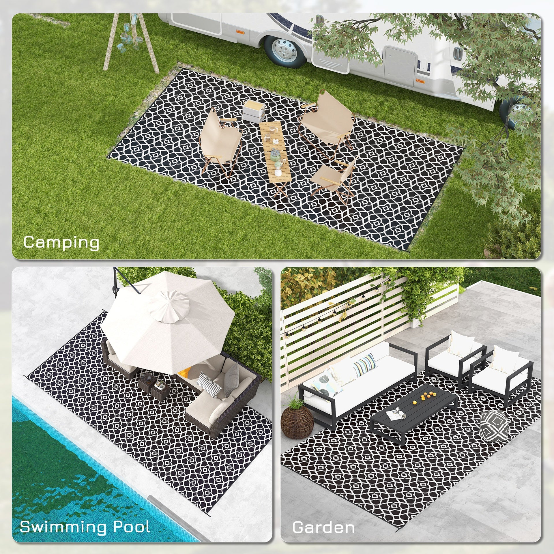 Outsunny Reversible Outdoor Rug Carpet RV Camping Rugs with Carry Bag, 9' x 18', Black & White Clover