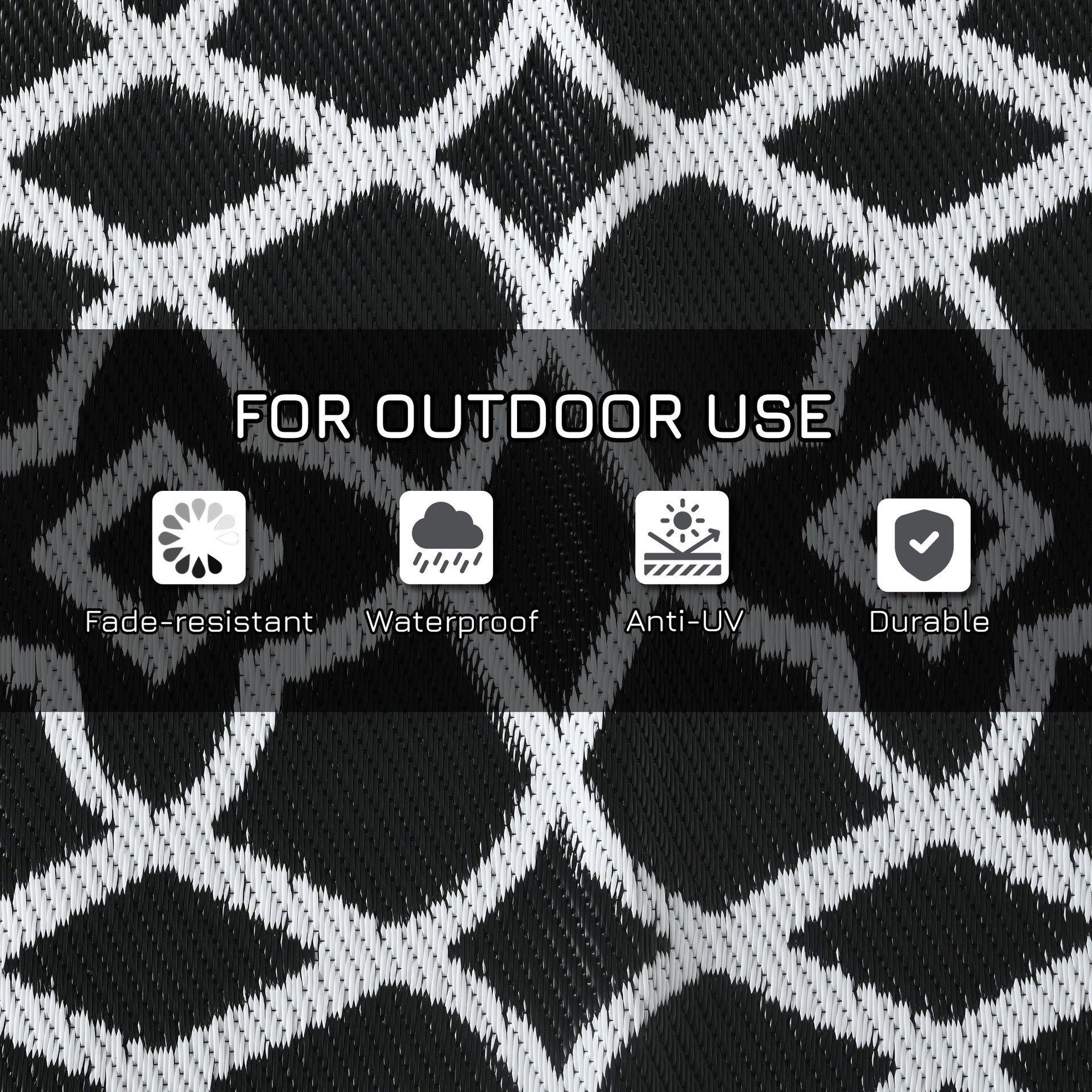 Outsunny Reversible Outdoor Rug Carpet RV Camping Rugs with Carry Bag, 9' x 18', Black & White Clover