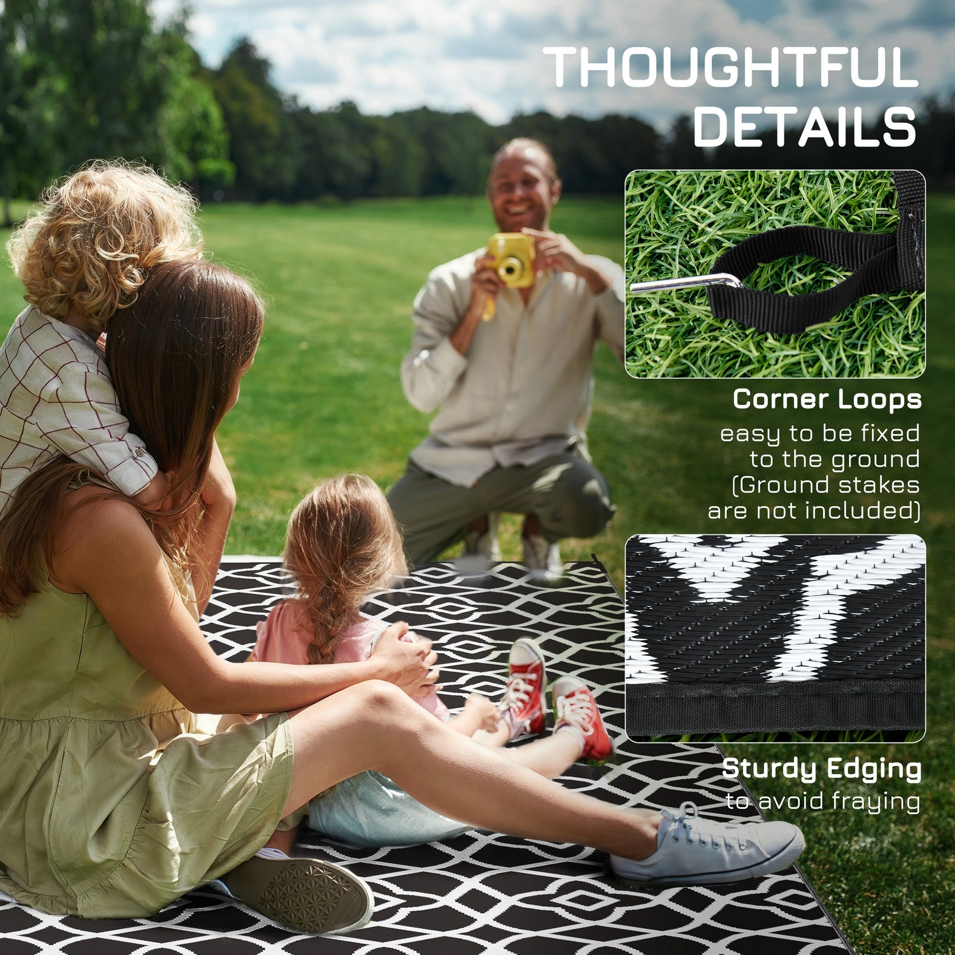 Outsunny Reversible Outdoor Rug Carpet RV Camping Rugs with Carry Bag, 9' x 18', Black & White Clover