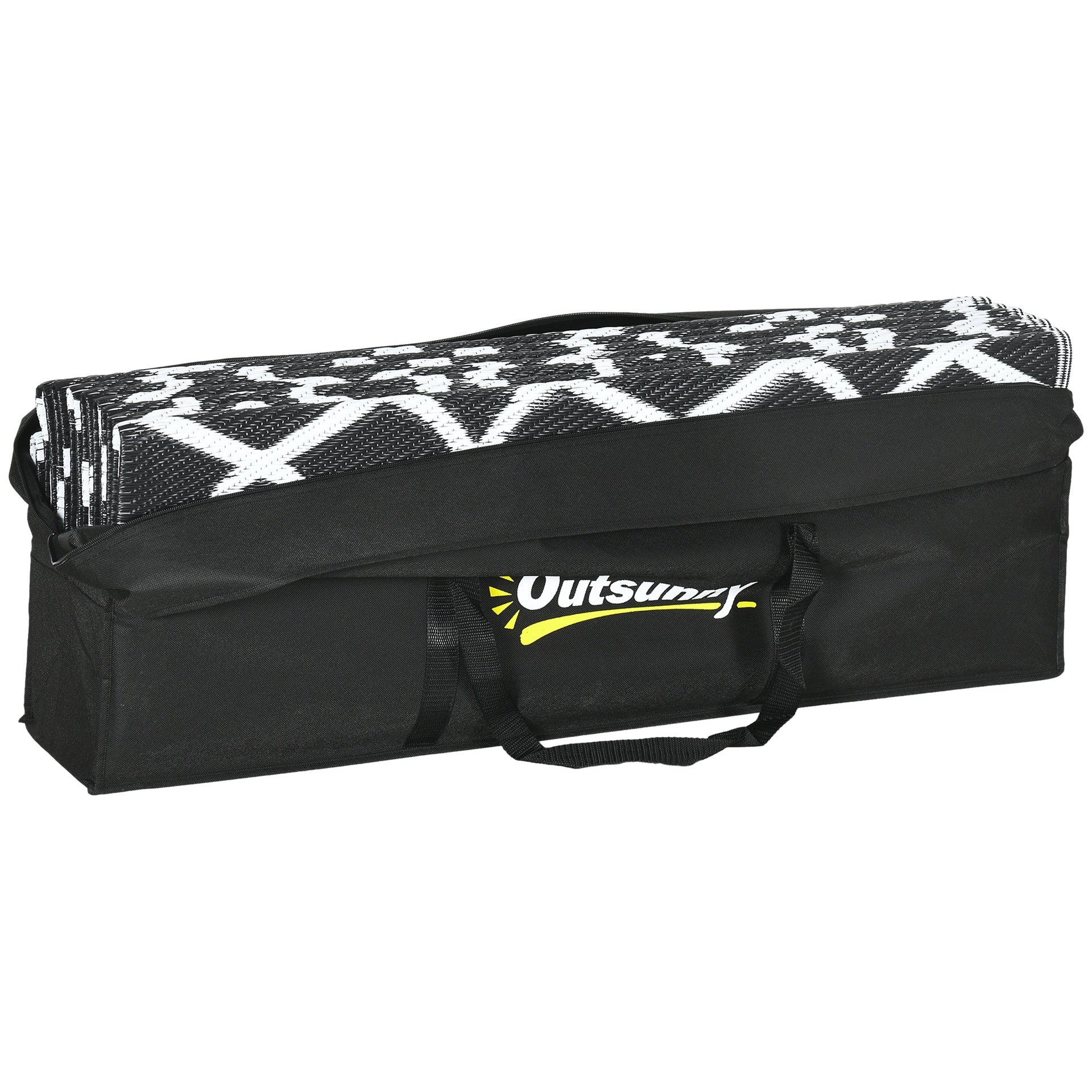 Outsunny Reversible Outdoor Rug Carpet RV Camping Rugs with Carry Bag, 9' x 18', Black & White Clover