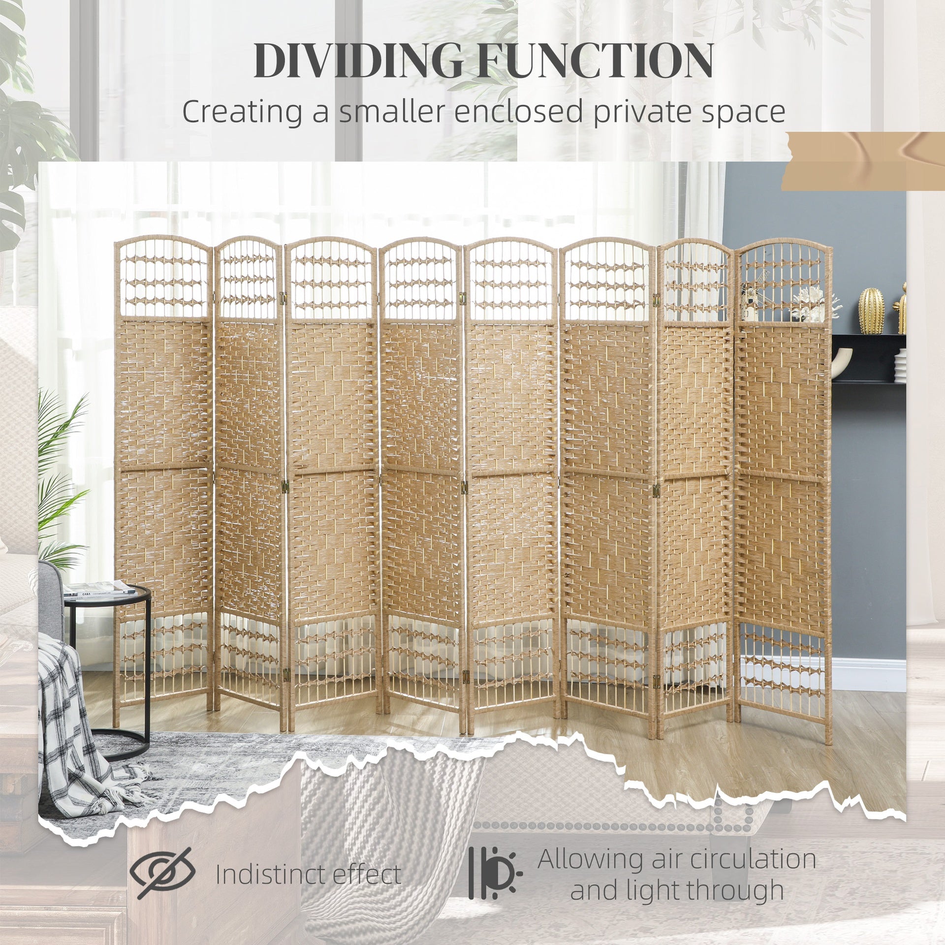 HOMCOM 8 Panel Folding Room Divider Portable Privacy Screen Wave Fiber Room Partition for Home Office Natural