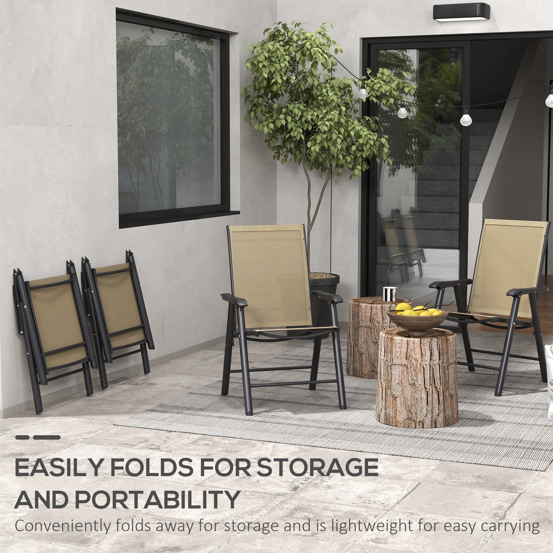 Outsunny Set of 4 Outdoor Folding Chairs, Stackable Patio Dining Chairs with Armrests, Metal Frame, Light Mixed Brown