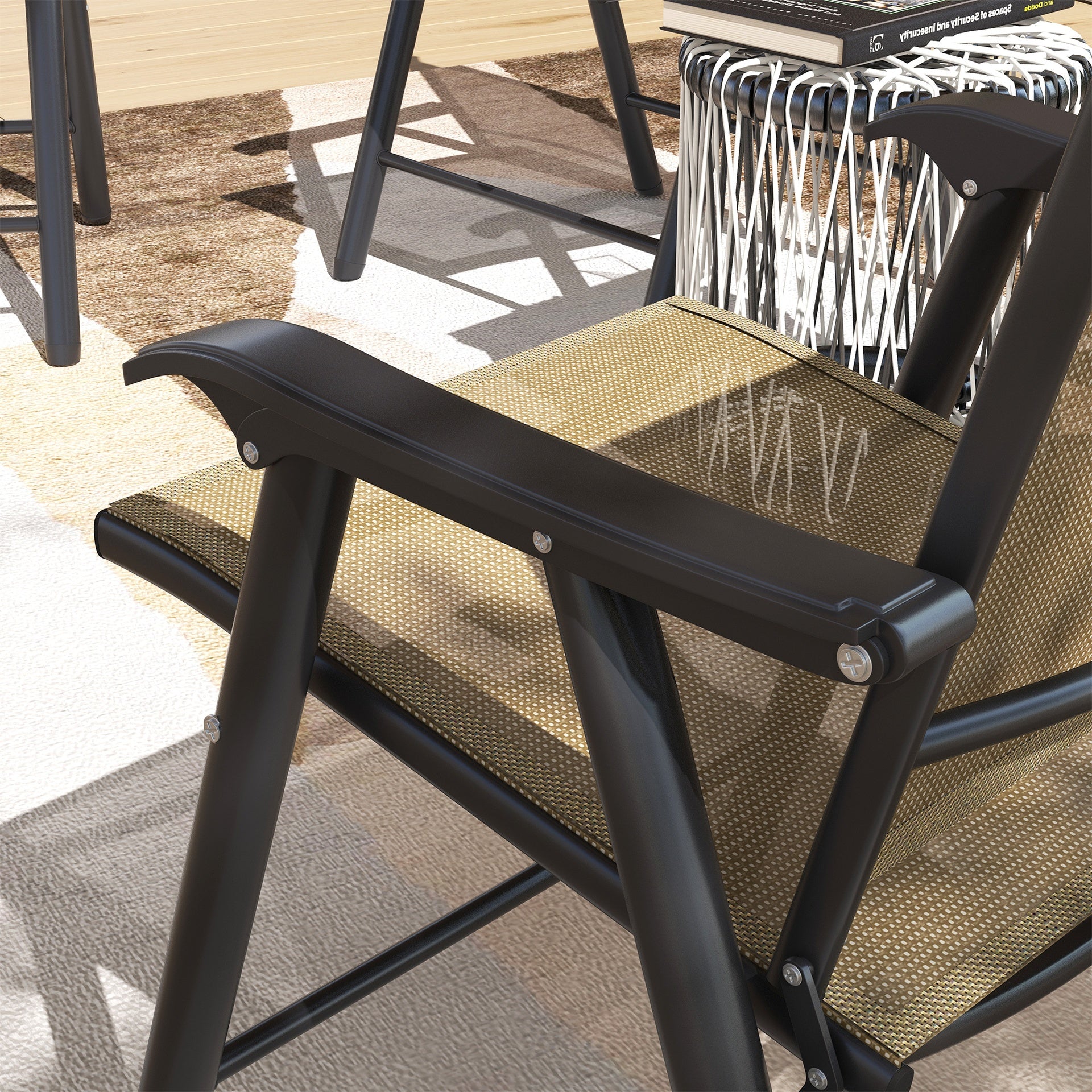 Outsunny Set of 4 Outdoor Folding Chairs, Stackable Patio Dining Chairs with Armrests, Metal Frame, Light Mixed Brown