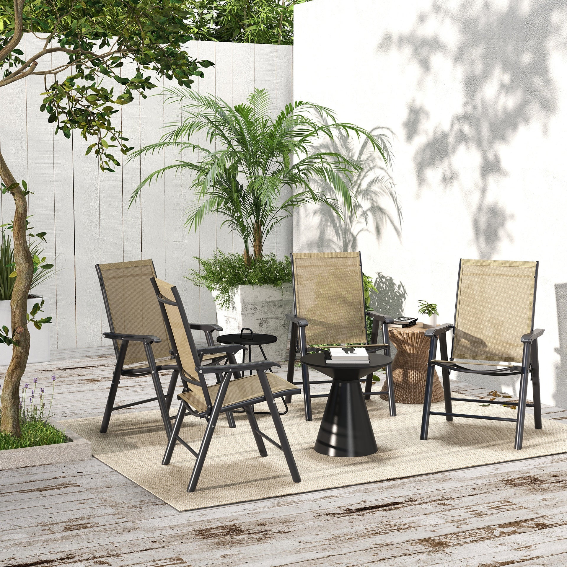 Outsunny Set of 4 Outdoor Folding Chairs, Stackable Patio Dining Chairs with Armrests, Metal Frame, Light Mixed Brown