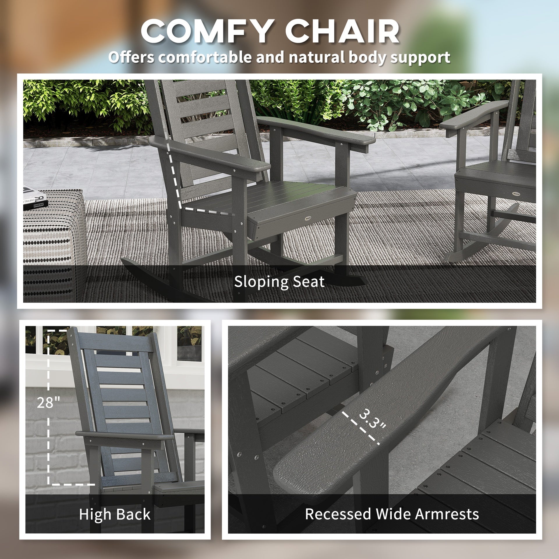 Outsunny 2 Pieces Outdoor Rocking Chairs, HDPE Patio Rockers with 28" High Back, Wide Armrests for Porch Backyard, Dark Gray