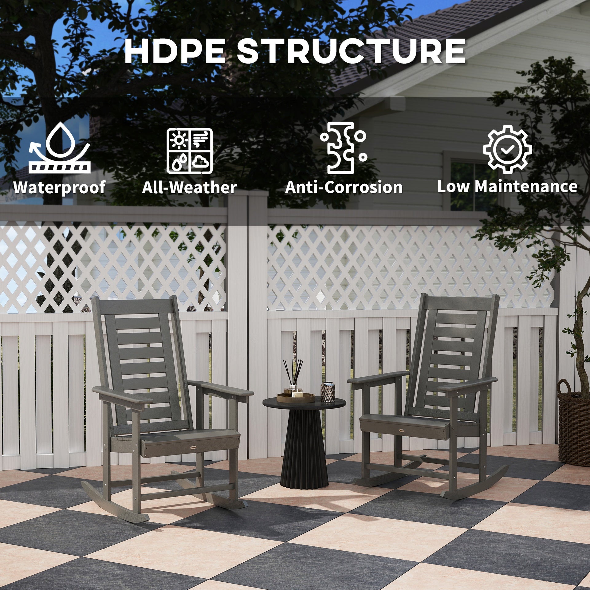 Outsunny 2 Pieces Outdoor Rocking Chairs, HDPE Patio Rockers with 28" High Back, Wide Armrests for Porch Backyard, Dark Gray